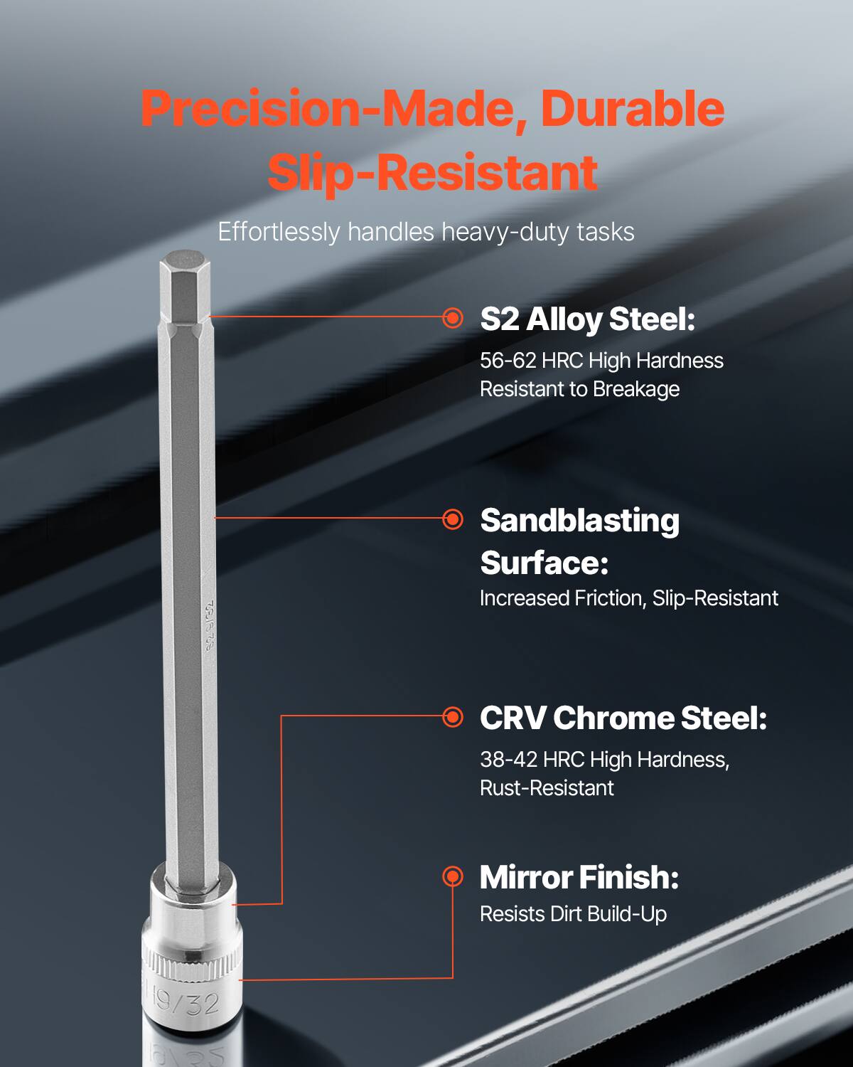 Precision-Made, Durable Slip-Resistant

Effortlessly handles heavy-duty tasks

- S2 Alloy Steel: 56-62 HRC High Hardness, Resistant to Breakage
- Sandblasting Surface: Increased Friction, Slip-Resistant
- CRV Chrome Steel: 38-42 HRC High Hardness, Rust-Resistant
- Mirror Finish: Resists Dirt Build-Up

19/32