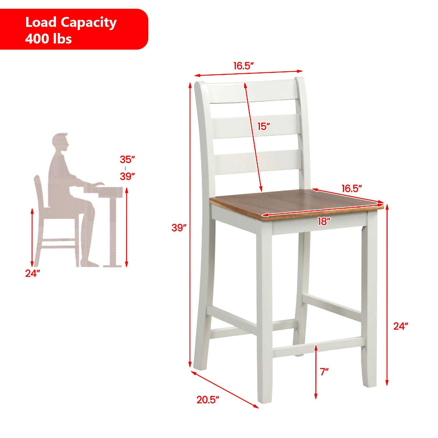 Load Capacity: 400 lbs

Dimensions:
- Seat Height: 18"
- Seat Depth: 16.5"
- Seat Width: 15"
- Table Height: 39"
- Table Depth: 16.5"
- Table Width: 35"
- Overall Height: 39"
- Overall Width: 24"
- Overall Depth: 20.5"
- Leg Height: 7"