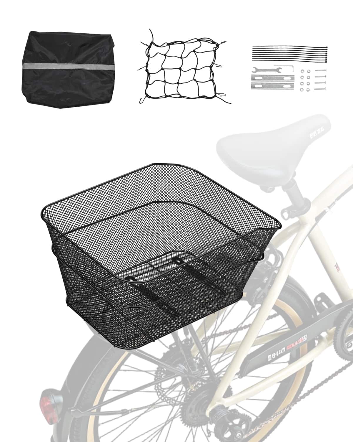 Front. VEVOR - Rear Bike Basket, Wire Mesh Bicycle Basket with Cargo Net & Waterproof Cover, Durable Metal Bike Back Basket - Black.