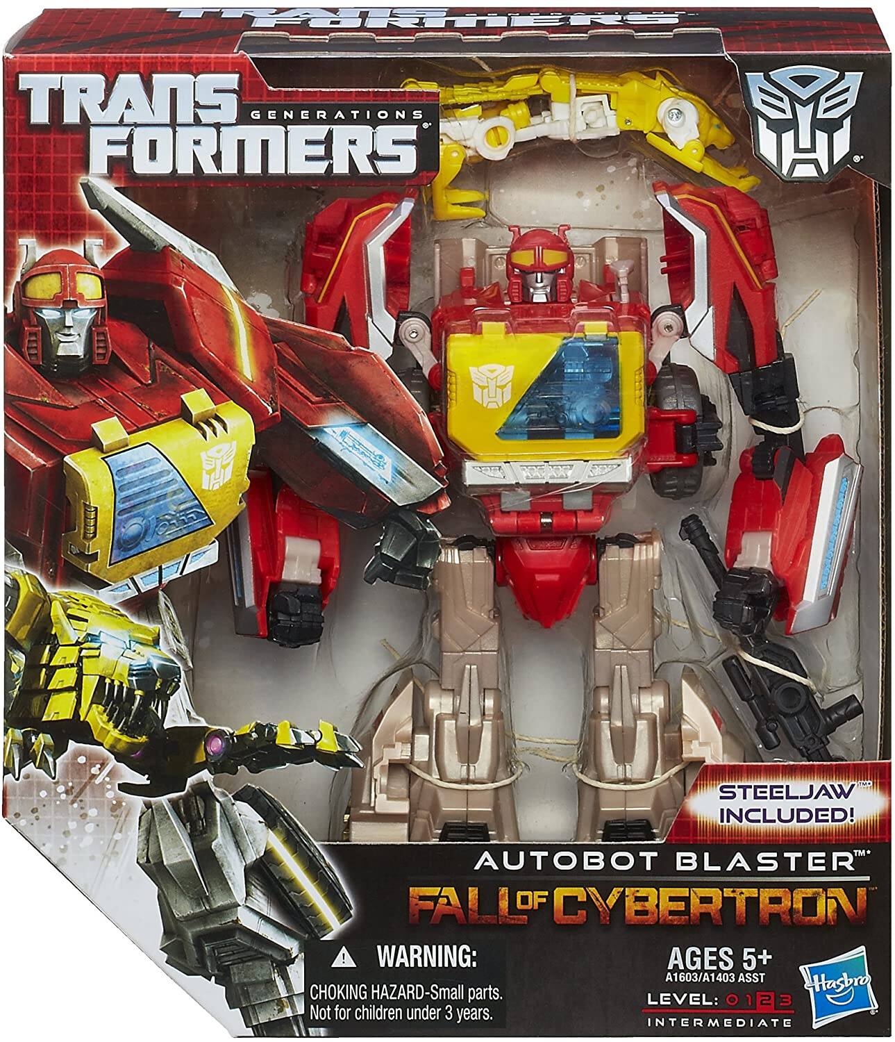 TRANSFORMERS  
GENERATIONS  

AUTOBOT BLASTER  
FALL OF CYBERTRON  

STEELJAW INCLUDED!  

AGES 5+  
A1603/A1403 ASST  

WARNING: CHOKING HAZARD - Small parts. Not for children under 3 years.  

LEVEL: 3  
INTERMEDIATE  

Hasbro