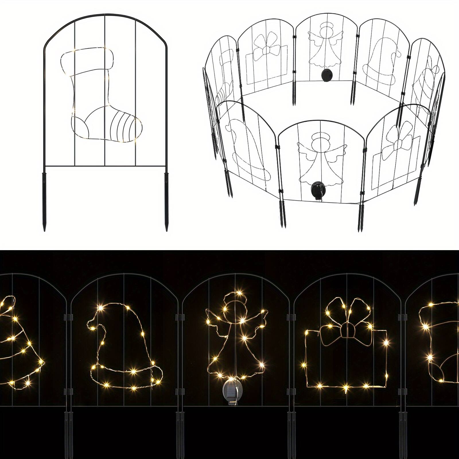 Front. Oumilen - 10‑Pack Solar Christmas Fence Lights – Warm White LED Metal Panels, 10FT, Solar Powered Outdoor Holiday Decor.