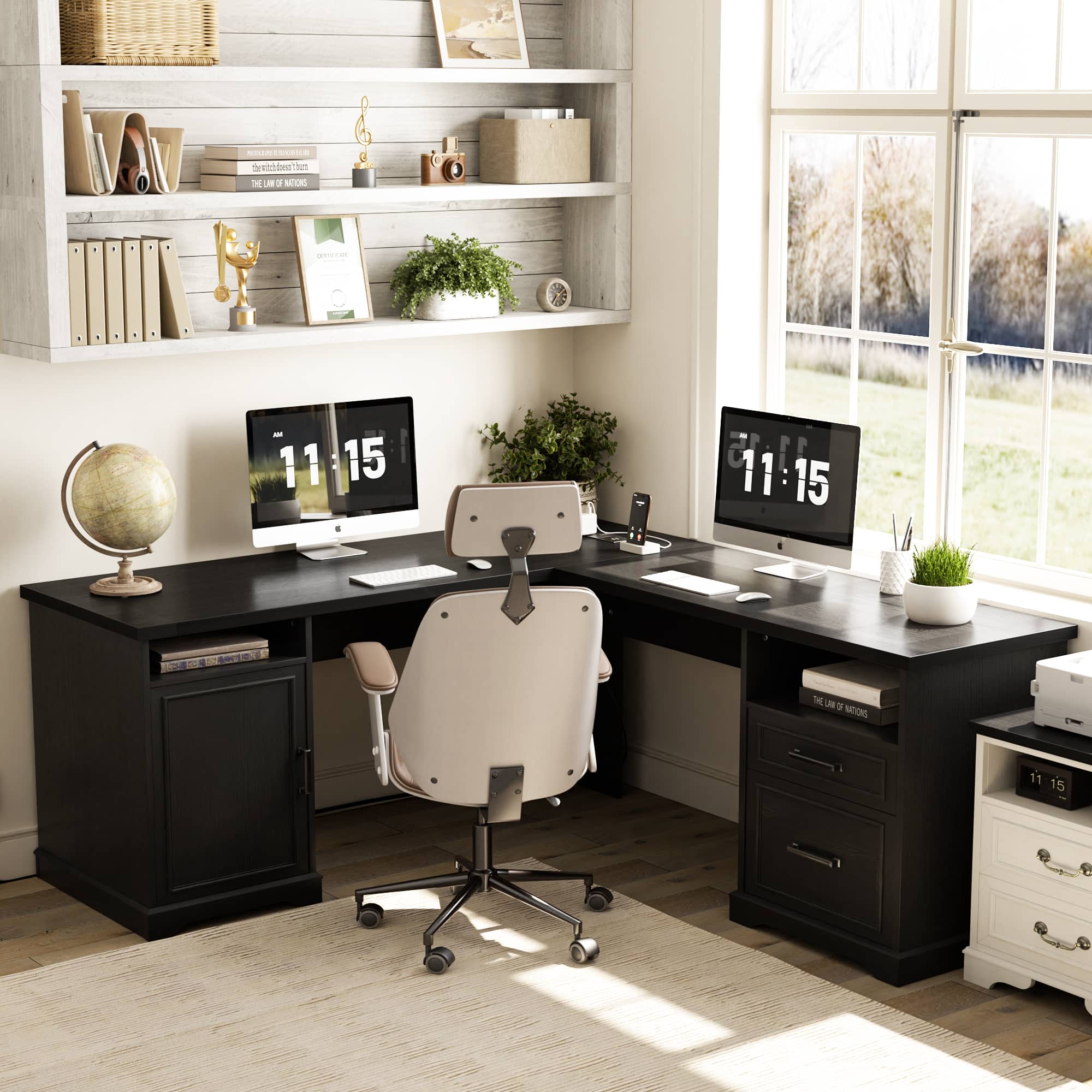 Aheaplus - L Shaped Desk with Charging Station, 60'' Computer Desk Workstation with File Cabinet and Drawers for Home & Office - Black