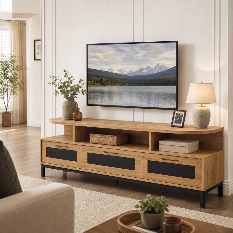 Angle. WELLFOR - Mid-Century Modern Entertainment Center for 55"/60"/65"/75" TV, TV Stand Media Console with 3 Drawers - Natural.