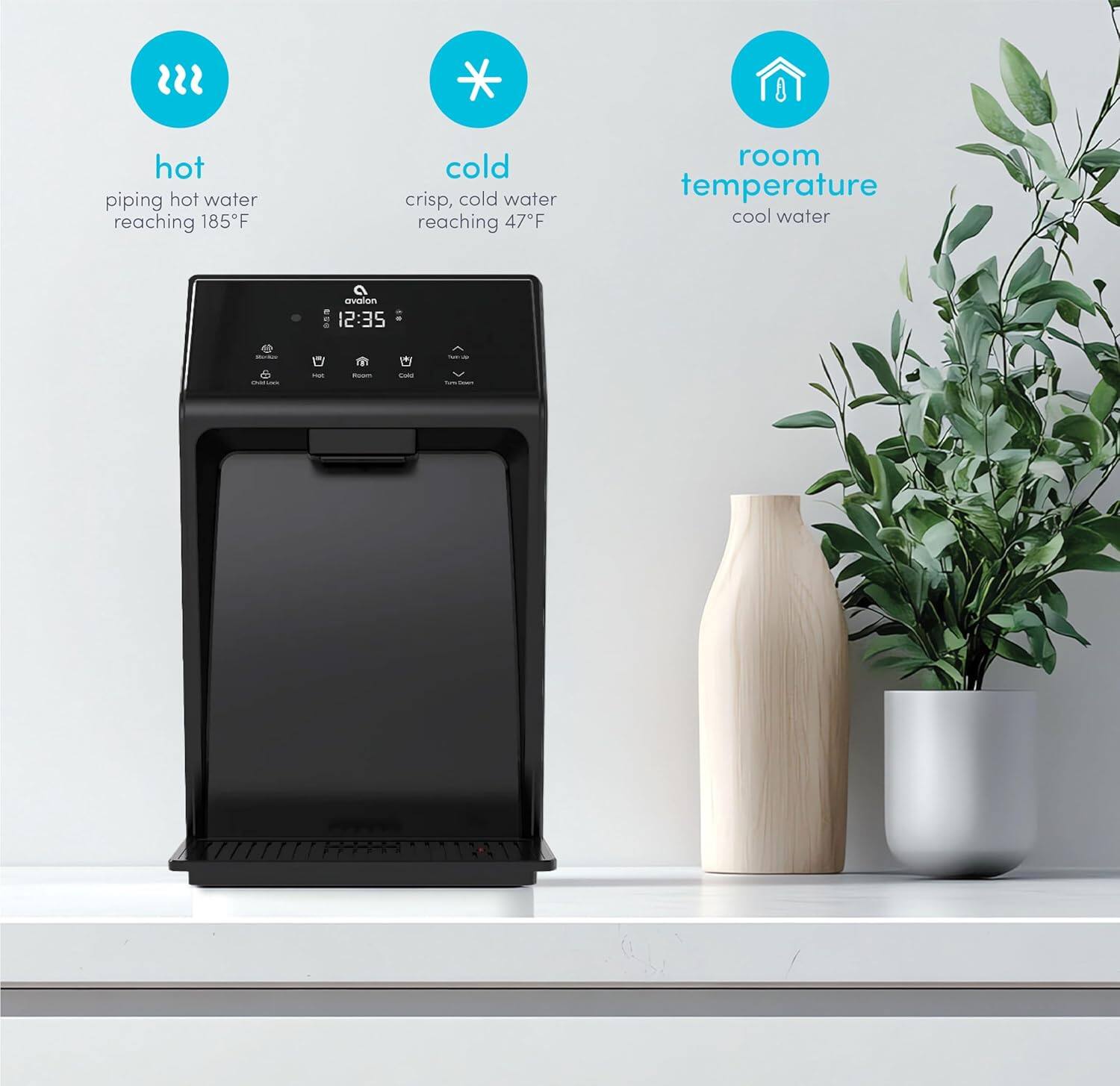 hot piping hot water reaching 185°F  
cold crisp, cold water reaching 47°F  
room temperature cool water  
12:35