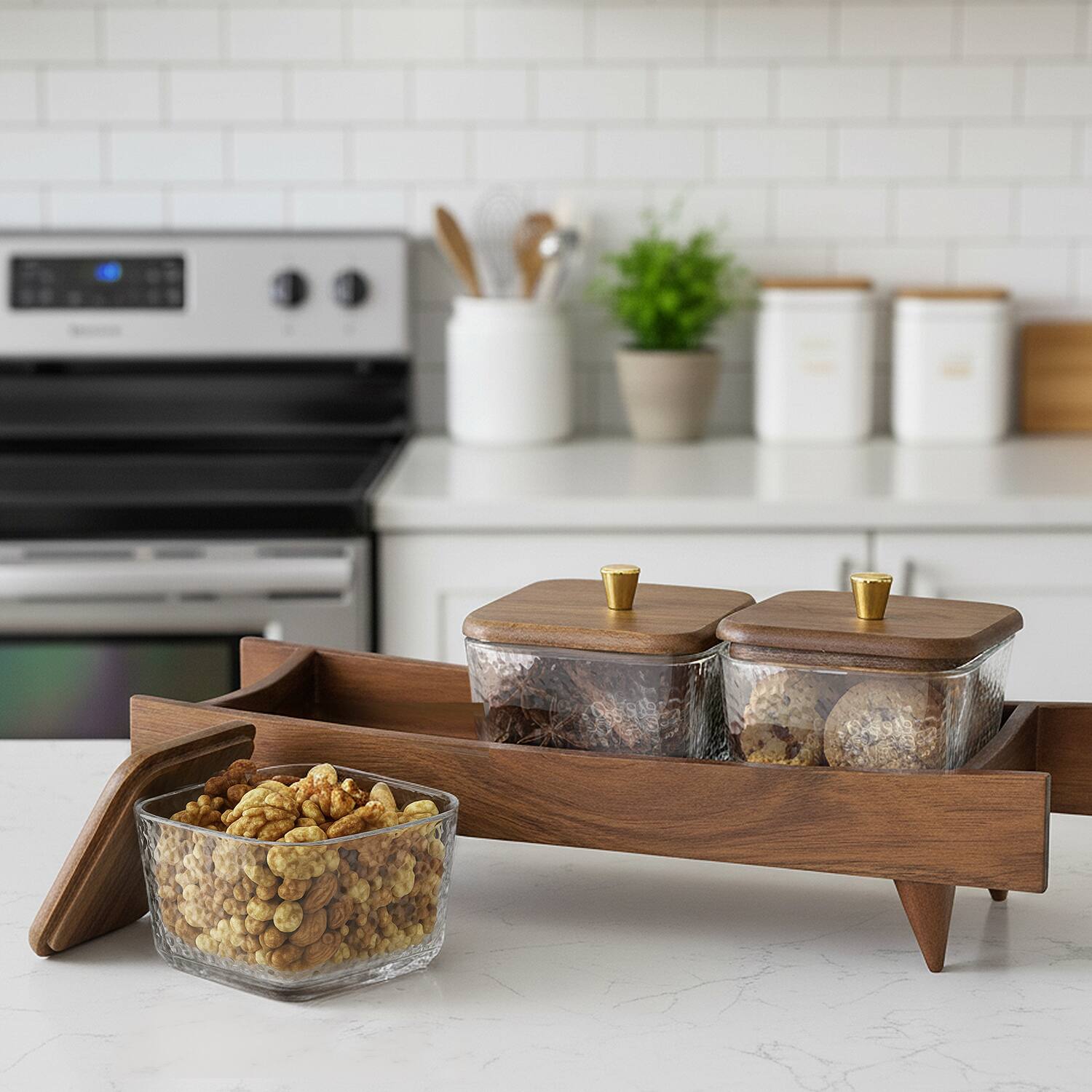 Angle. Garnen - Wooden Serving Tray Snack Containers Glass Food Storage Containers With Lids, Snackle Box Canister Set For Spice Candy - Brown.