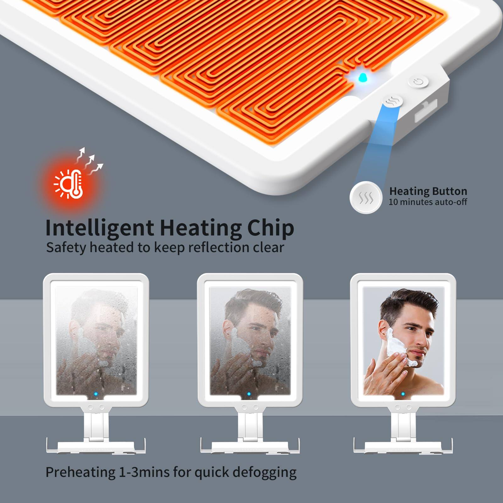 Intelligent Heating Chip  
Safety heated to keep reflection clear  

Heating Button  
10 minutes auto-off  

Preheating 1-3mins for quick defogging