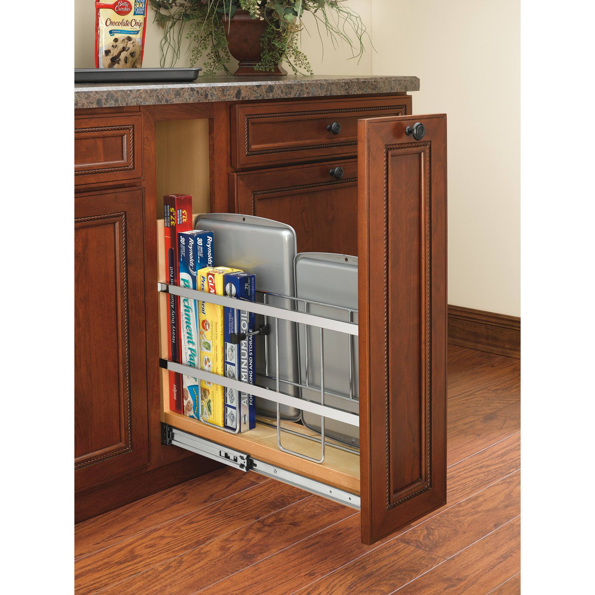 Left. Rev-A-Shelf - 5 Inch Pull Out Tray Divider Kitchen Cabinet Organizer - Brown.
