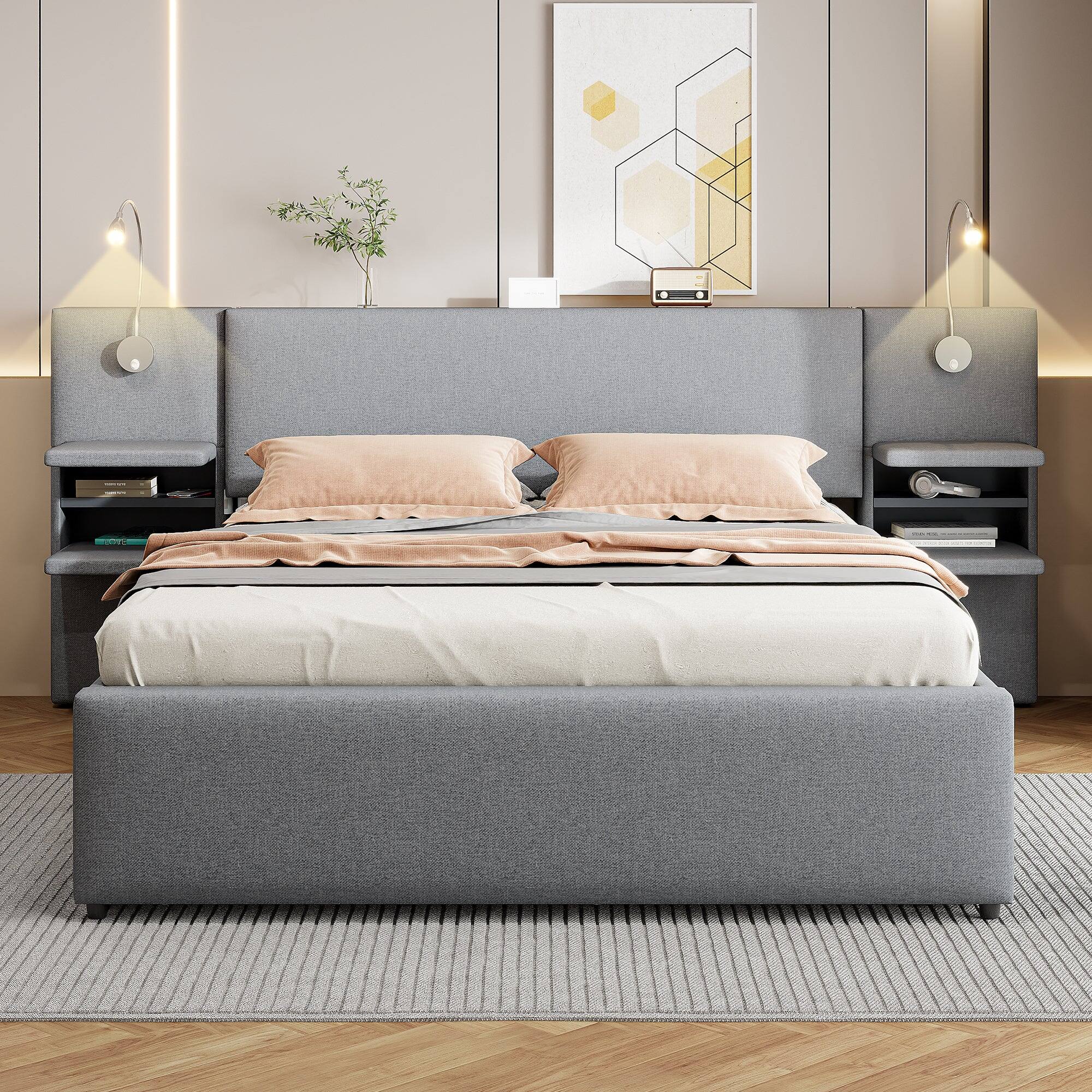 Alt View 2. Boyel Living - Queen Size Upholstered Platform Bed with Reading Lights, Drawers, Trundle, and Storage Shelves – Gray - Grey.