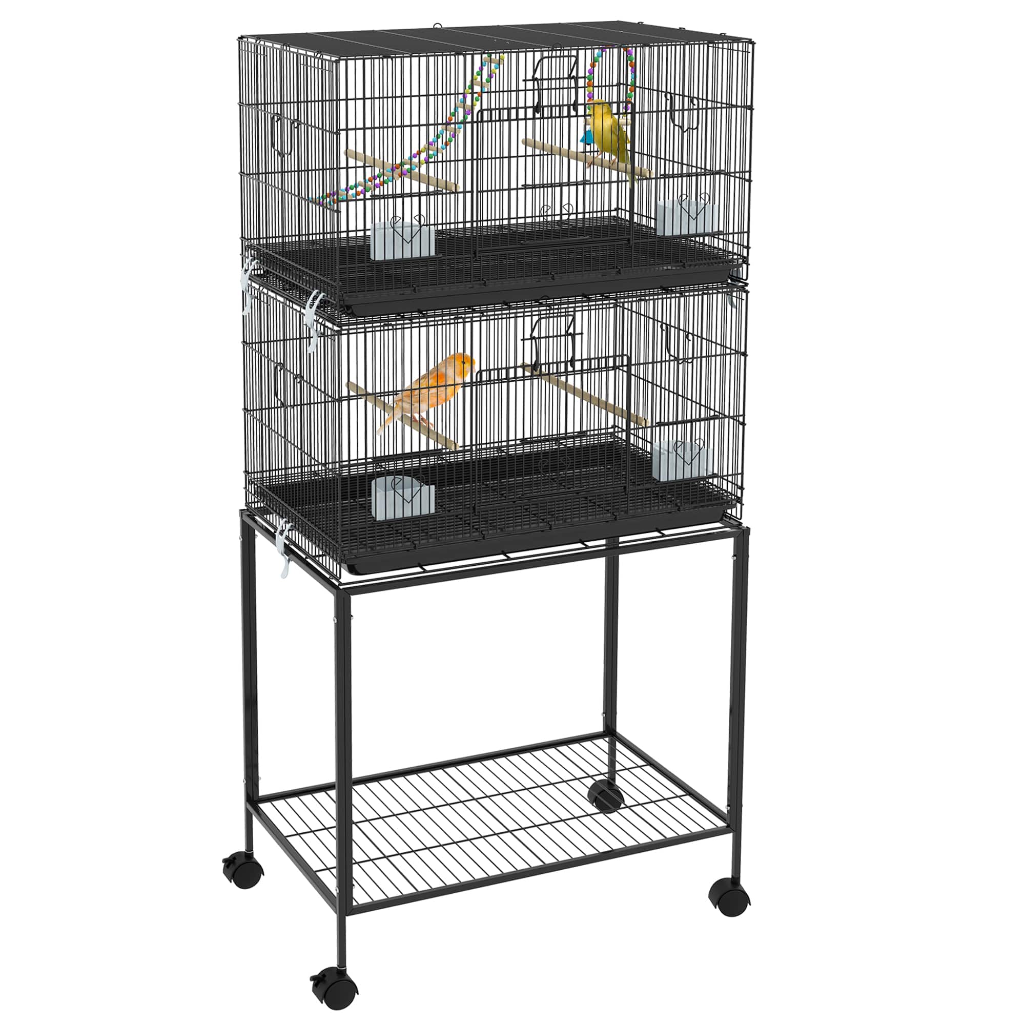 Pawhut - Double Stackable Bird Cage with Stand, Swing, Rope Ladder, Wheels, Storage Shelf, Removable Tray, Perches