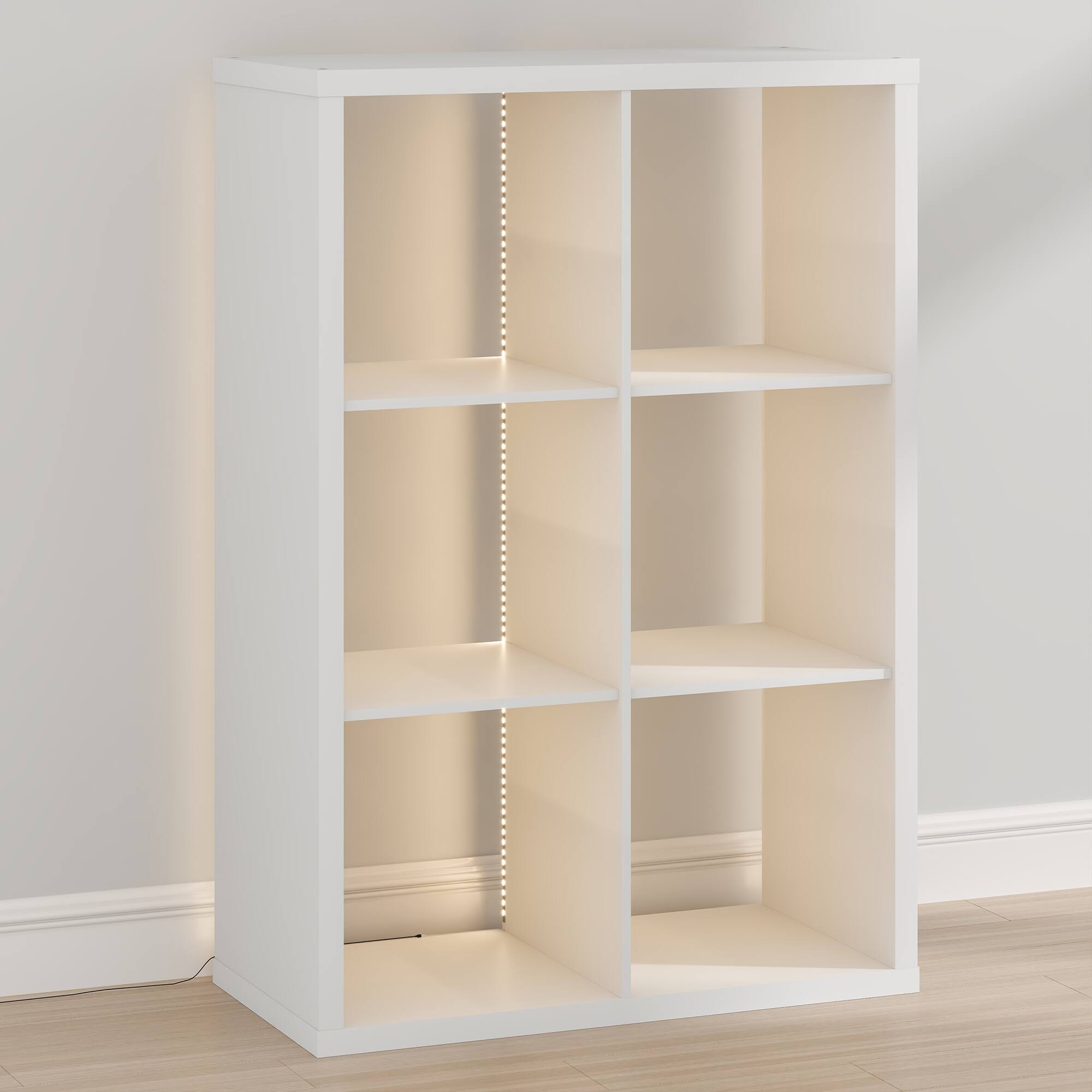 Alt View 4. Furinno - CUBICLE Book Shelf with LED Lights, 6-Cube LED Bookshelf, Reversible Extra Thick Frame Bookcase, Display Storage Shelves - White.