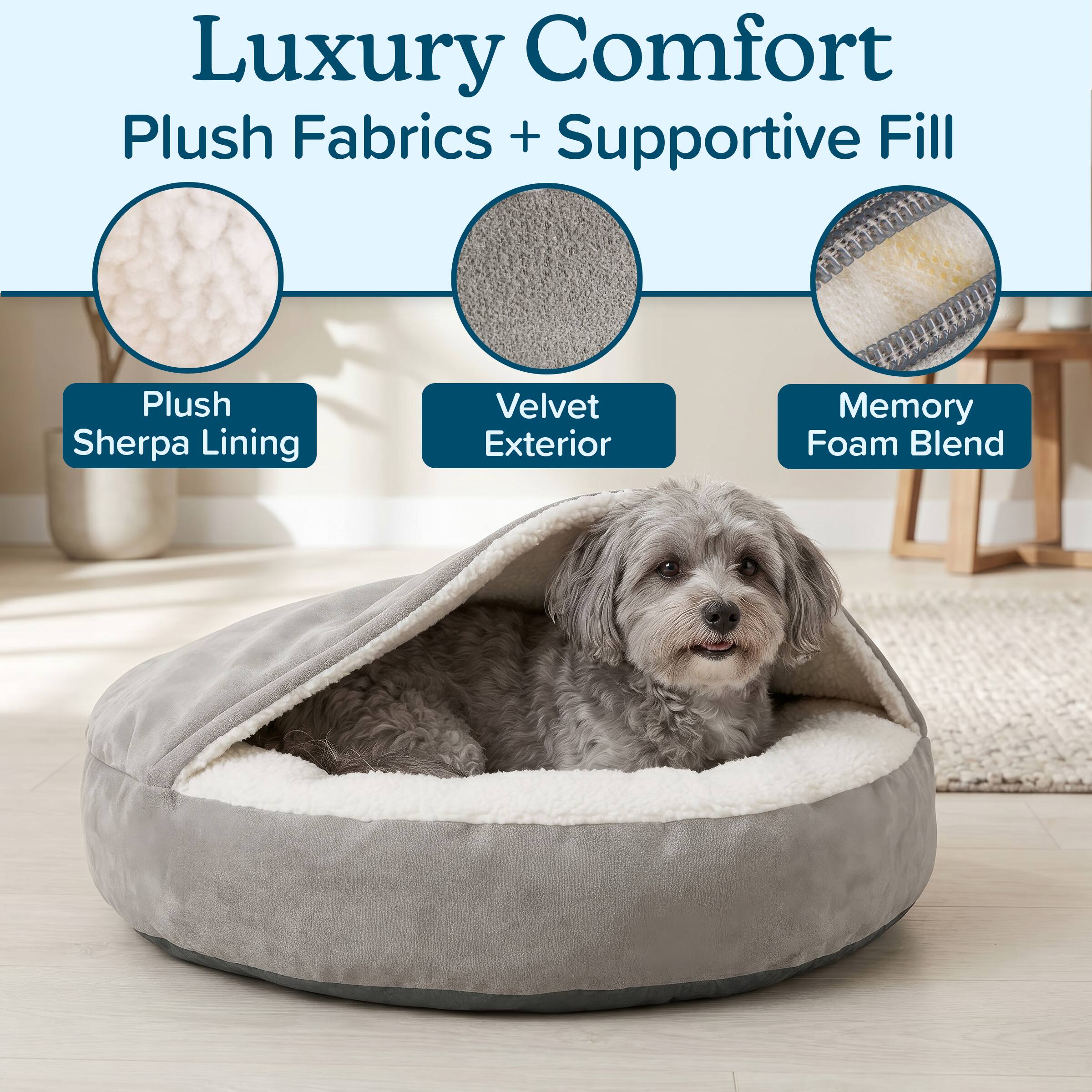 Luxury Comfort  
Plush Fabrics + Supportive Fill

Plush Sherpa Lining  
Velvet Exterior  
Memory Foam Blend