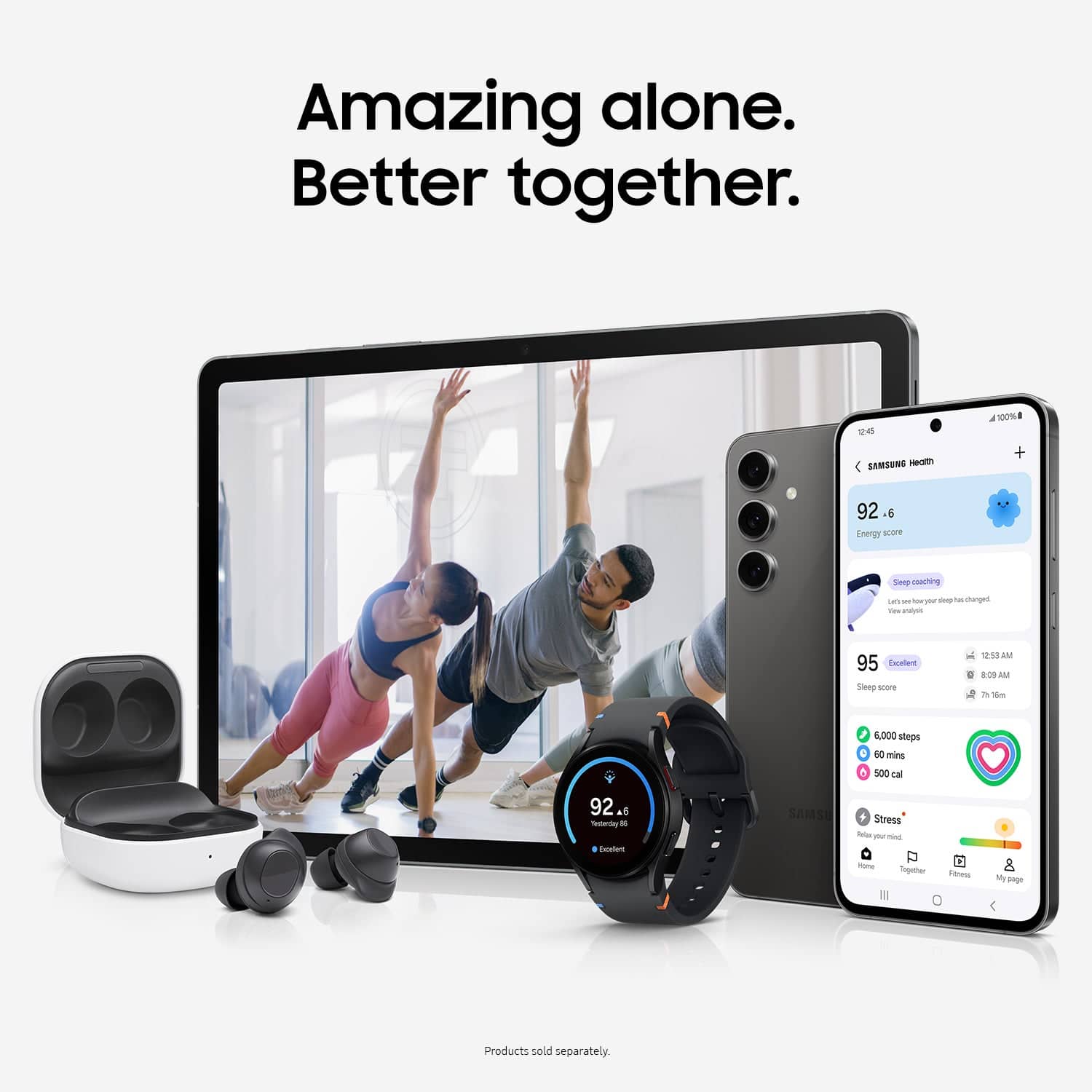 Amazing alone. Better together.
A Samsung Hm + 92 9 Energy sensor watch is displayed next to a large Samsung monitor. The watch is connected to the monitor, and the monitor is displaying a picture of a man and a woman doing yoga. The image also features a cell phone and a pair of earbuds, suggesting that the setup is for a workout or exercise routine. The text on the image emphasizes the benefits of using technology and fitness equipment together, as it can enhance the overall experience and provide better results.