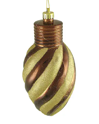 Front. CC Christmas Decor - 11" Mocha Brown and Gold 2-Finish Striped Shatterproof Christmas Light Bulb Ornament - Brown.