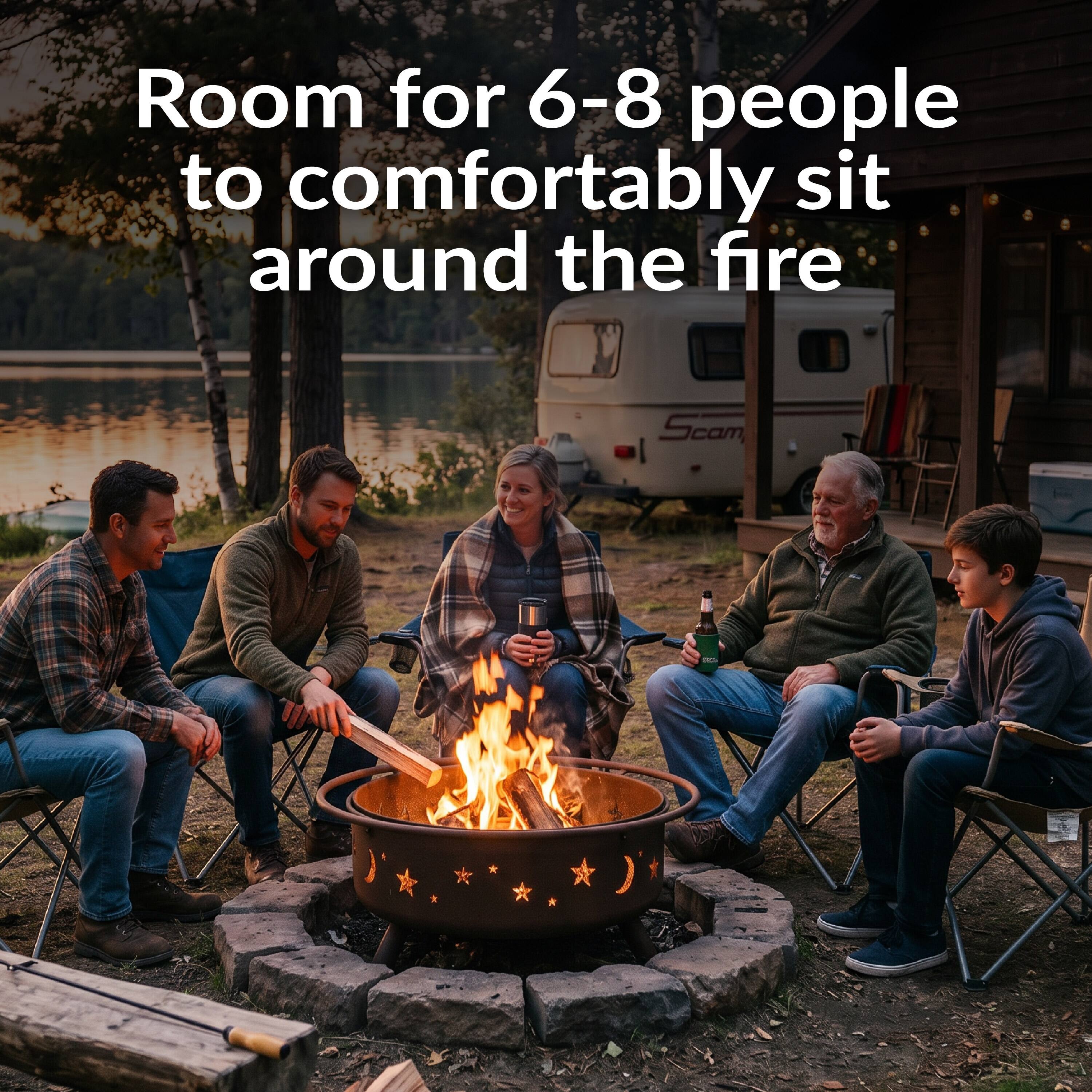 Room for 6-8 people to comfortably sit around the fire