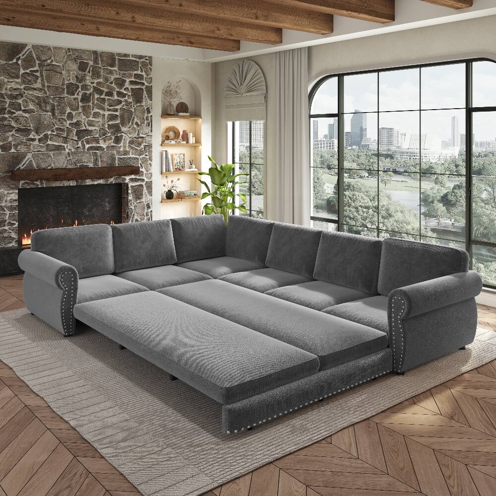 Left. Loheer - Loheer 118 Inch L-Shaped Sleeper Sofa Pull-Out Bed Light Grey - Light Grey.