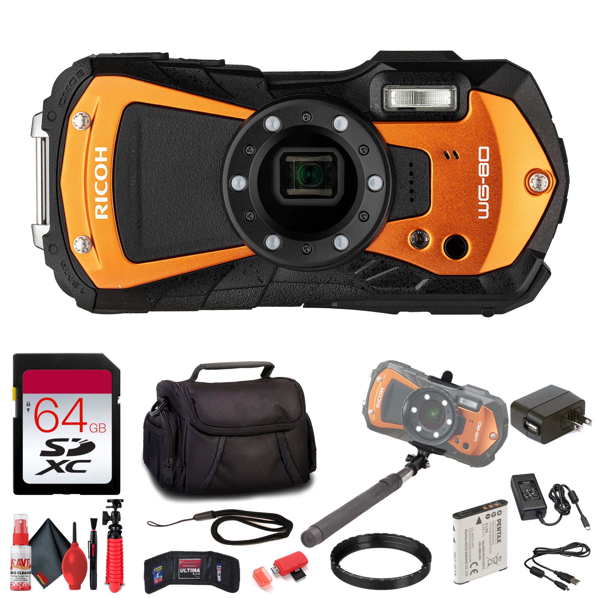 Ricoh - WG-80 Waterproof Digital Camera (Orange) with Accessories