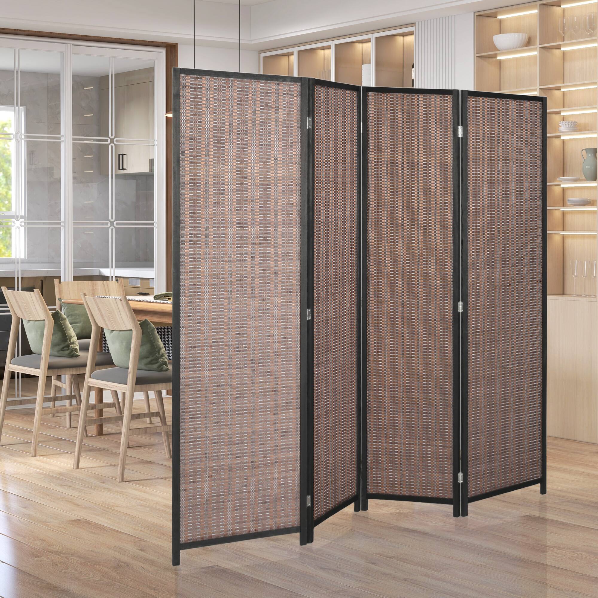 Alt View 8. Homcom - Divider Folding Privacy Screen Freestanding 4 Panel Pine Wood for Bedroom Home Office 6 Ft Tall Black - Black, Brown.
