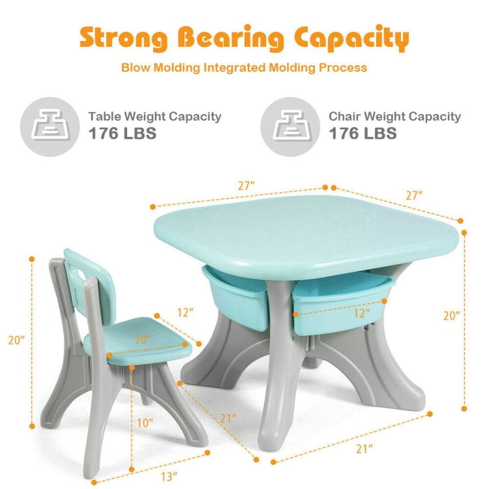 Strong Bearing Capacity  
Blow Molding Integrated Molding Process  

Table Weight Capacity: 176 LBS  
Chair Weight Capacity: 176 LBS  

Dimensions:  
- Table: 27" x 27"  
- Chair: 20" x 12" x 10" x 13"  
- Table Legs: 21" x 12"