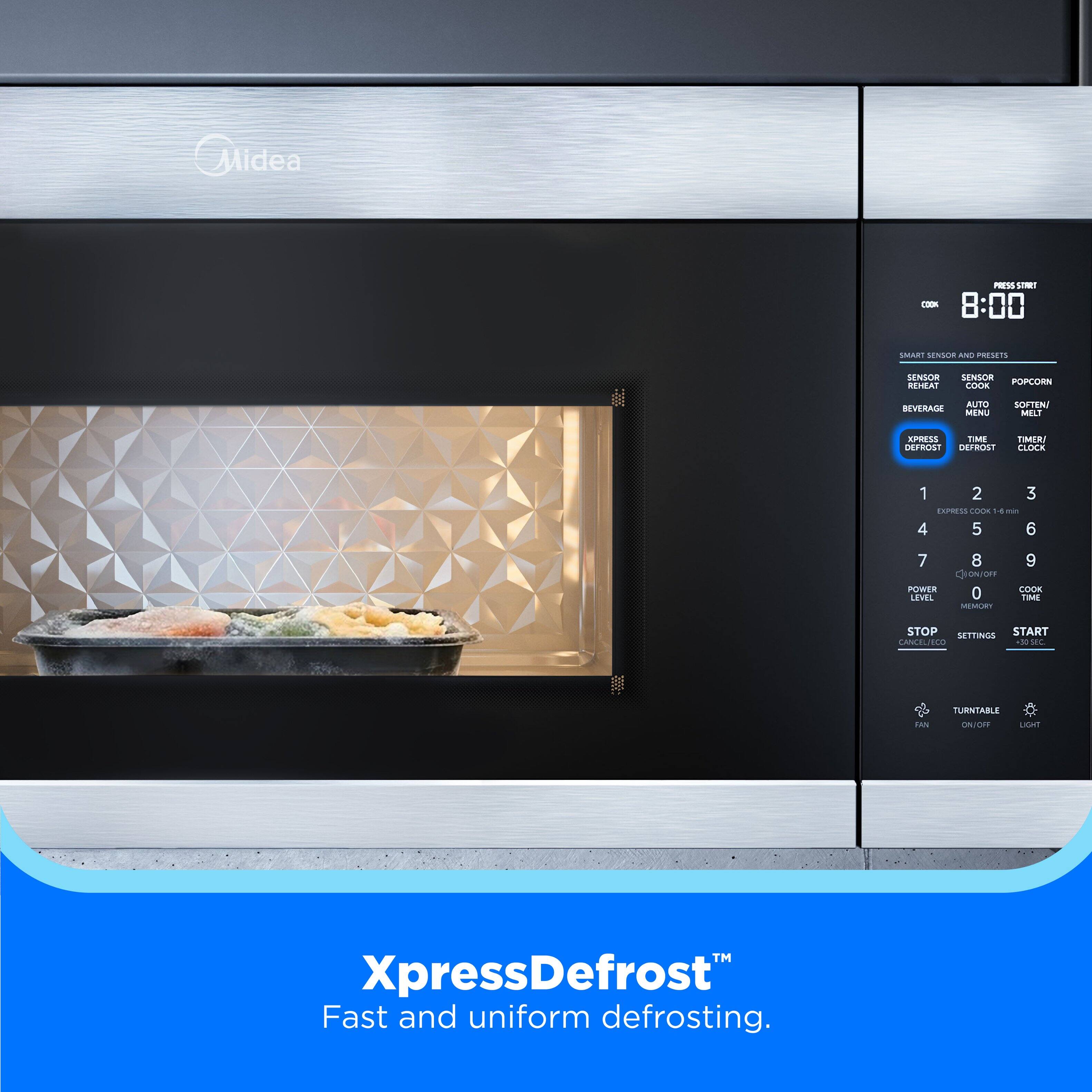 Midea PESS  
- 8:00  
SMART SENSOR AND PRESETS  
SENSOR REHEAT  
SENSOR COOK  
SENSOR POPCORN  
SENSOR BEVERAGE  
SENSOR SOFTEN/  
SENSOR MELT  
SENSOR DEFROST  
SENSOR TIMER/  
SENSOR CLOCK  
- 1 2 3  
- 4 5 6 7 8  
- 9  
- 0  
- COOK TIME  
- COOK MEMORY  
- COOK LEVEL  
- COOK TIMER  
- COOK STOP  
- COOK SETTINGS  
- COOK START  
- TURNABLE  
- FAN  
- ON/OFF  
- LIGHT  
- XpressDefrost™  
Fast and uniform defrosting.