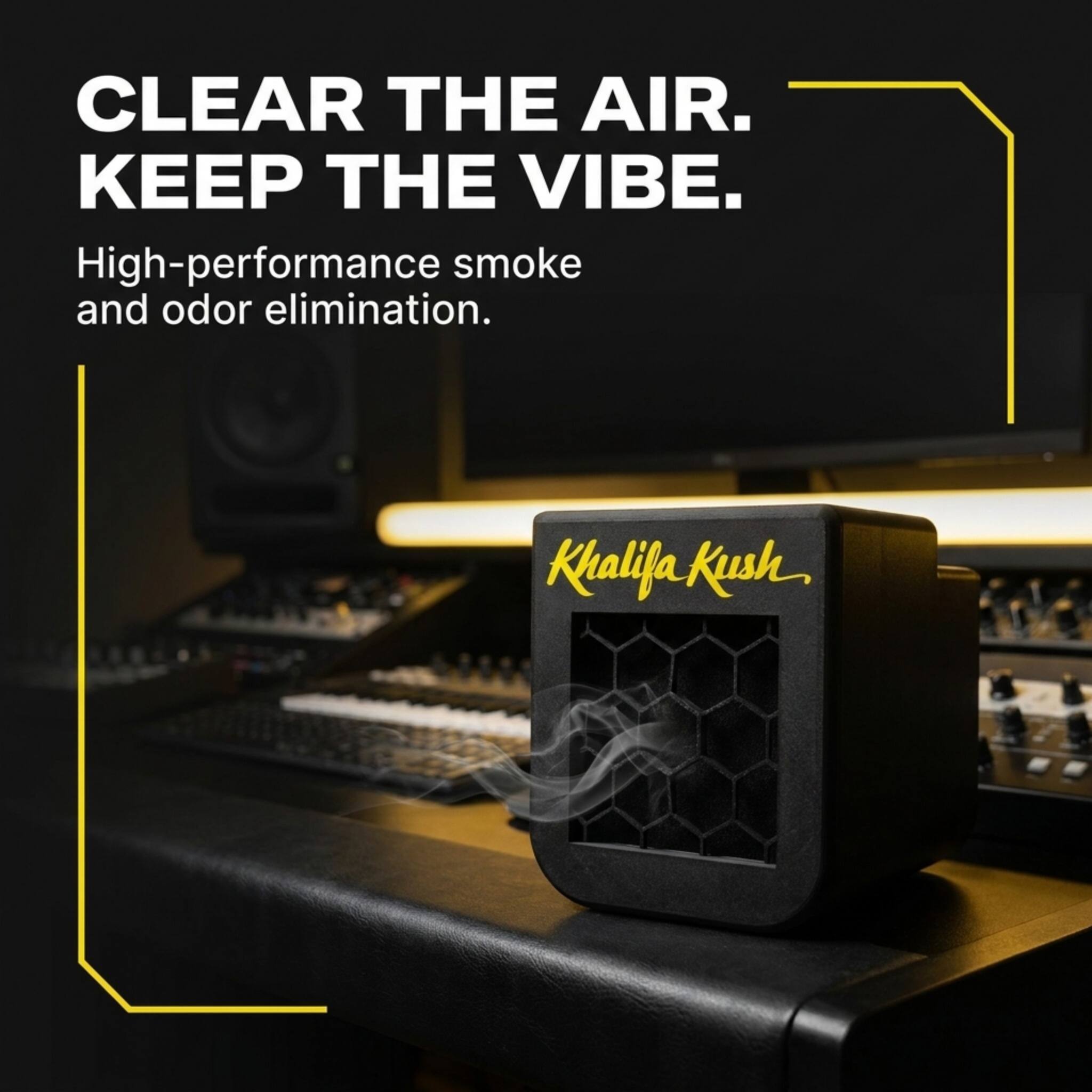 CLEAR THE AIR.  
KEEP THE VIBE.  

High-performance smoke and odor elimination.  

Khalifa Kush