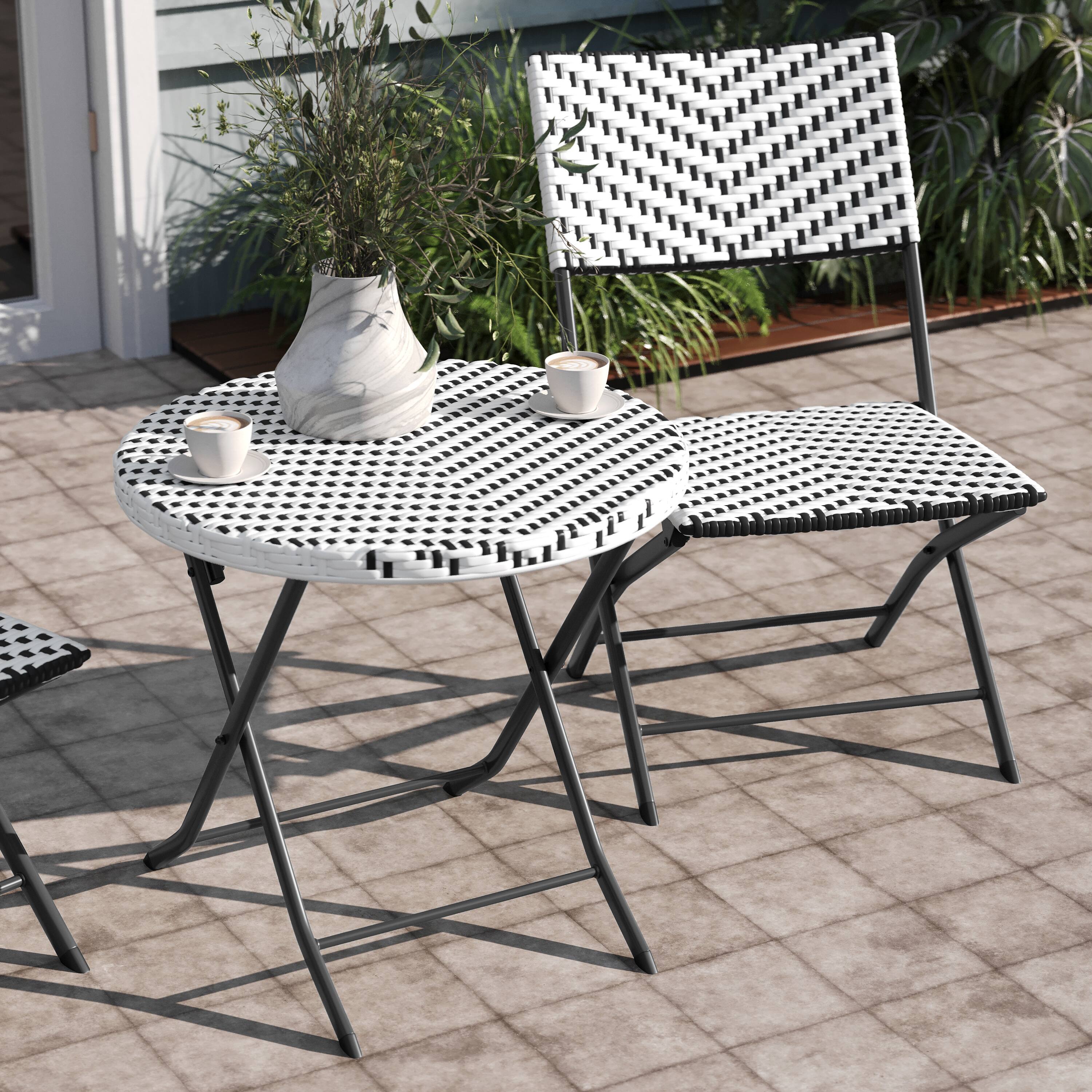 Alt View 3. Emma + Oliver - Ciel Three Piece Folding Bistro Set in PE Rattan with Metal Frames for Indoor and Outdoor Use - Black & White.