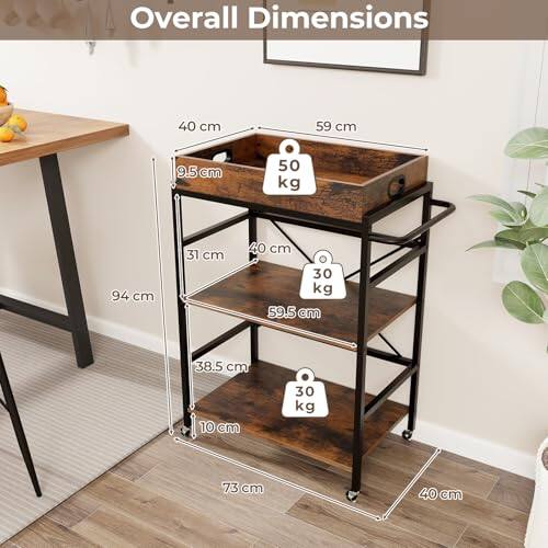 Overall Dimensions: 94 cm (height) x 73 cm (width) x 40 cm (depth)

Weight Capacity: 50 kg (top shelf), 30 kg (middle shelf), 30 kg (bottom shelf)