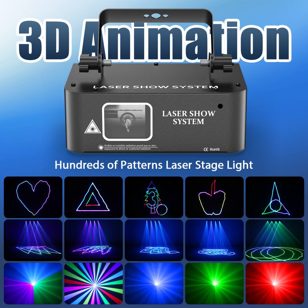 3D Animation  
LASER SHOW SYSTEM  
Visible or invisible radiation. Avoid eye exposure to direct or scattered radiation.  
CE RoHS  
Hundreds of Patterns Laser Stage Light