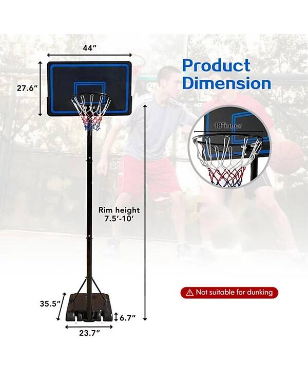 Product Dimension

- 44" (width)
- 27.6" (height)
- 18" (inner rim height)
- 7.5'-10' (rim height)
- 35.5" (base width)
- 6.7" (base depth)
- 23.7" (base length)

Not suitable for dunking