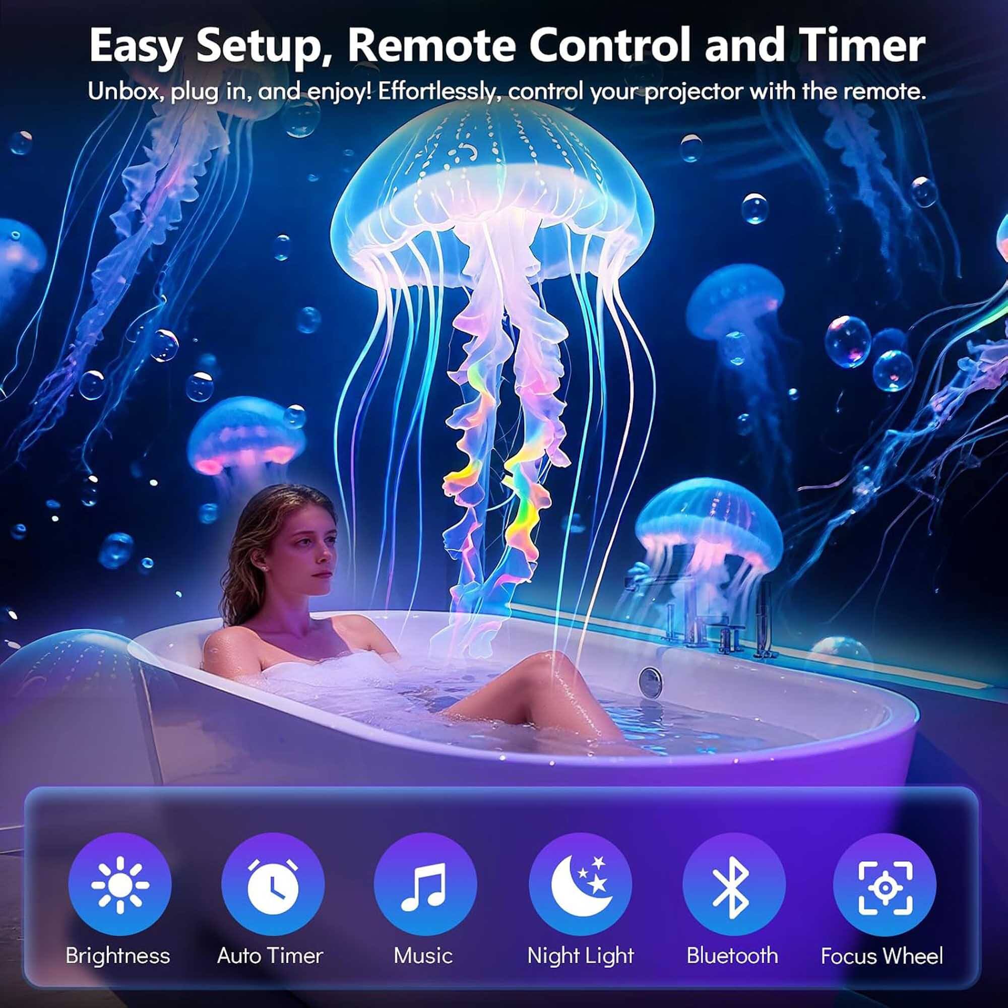 Easy Setup, Remote Control and Timer

Unbox, plug in, and enjoy! Effortlessly, control your projector with the remote.

Brightness
Auto Timer
Music
Night Light
Bluetooth
Focus Wheel