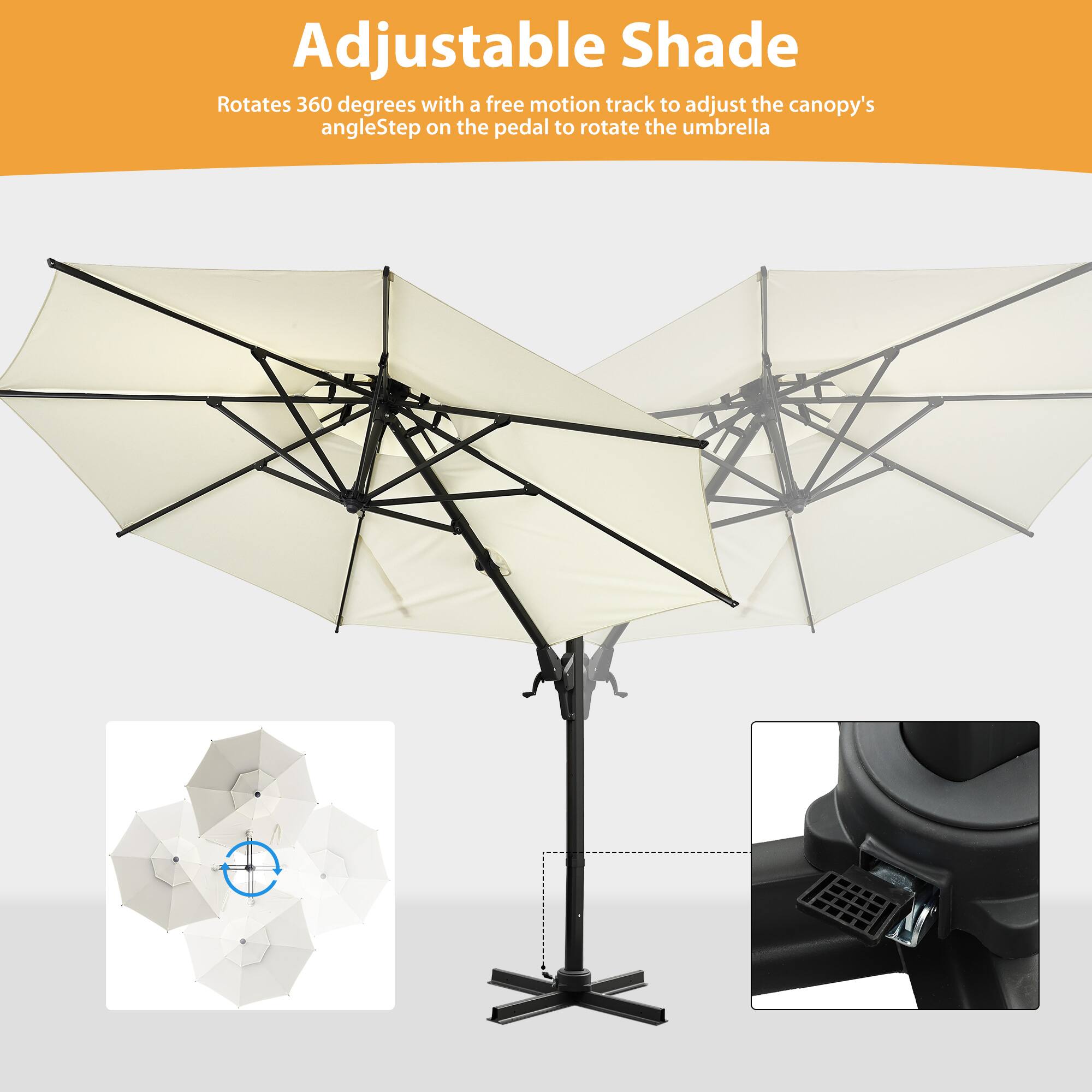 Adjustable Shade

Rotates 360 degrees with a free motion track to adjust the canopy's angle. Step on the pedal to rotate the umbrella.