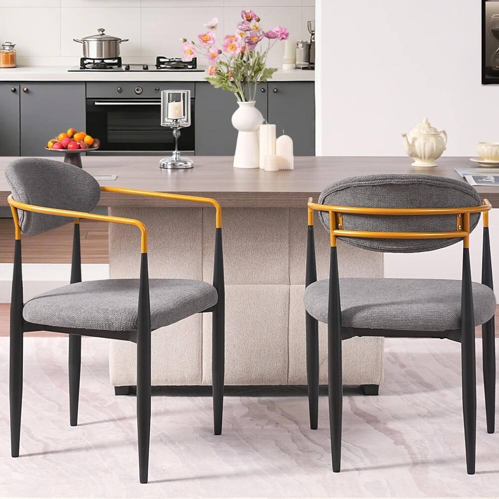 Alt View 4. Loheer - Loheer Modern Upholstered Dining Chairs Set of 2 Grey Fabric Ergonomic Seat Black Metal Frame Gold Armrests - Grey.
