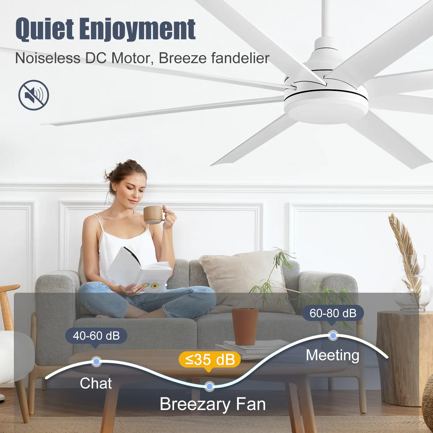 Quiet Enjoyment  
Noiseless DC Motor, Breeze fandelier  

40-60 dB  
≤35 dB  
60-80 dB  

Chat  
Breezy Fan  
Meeting