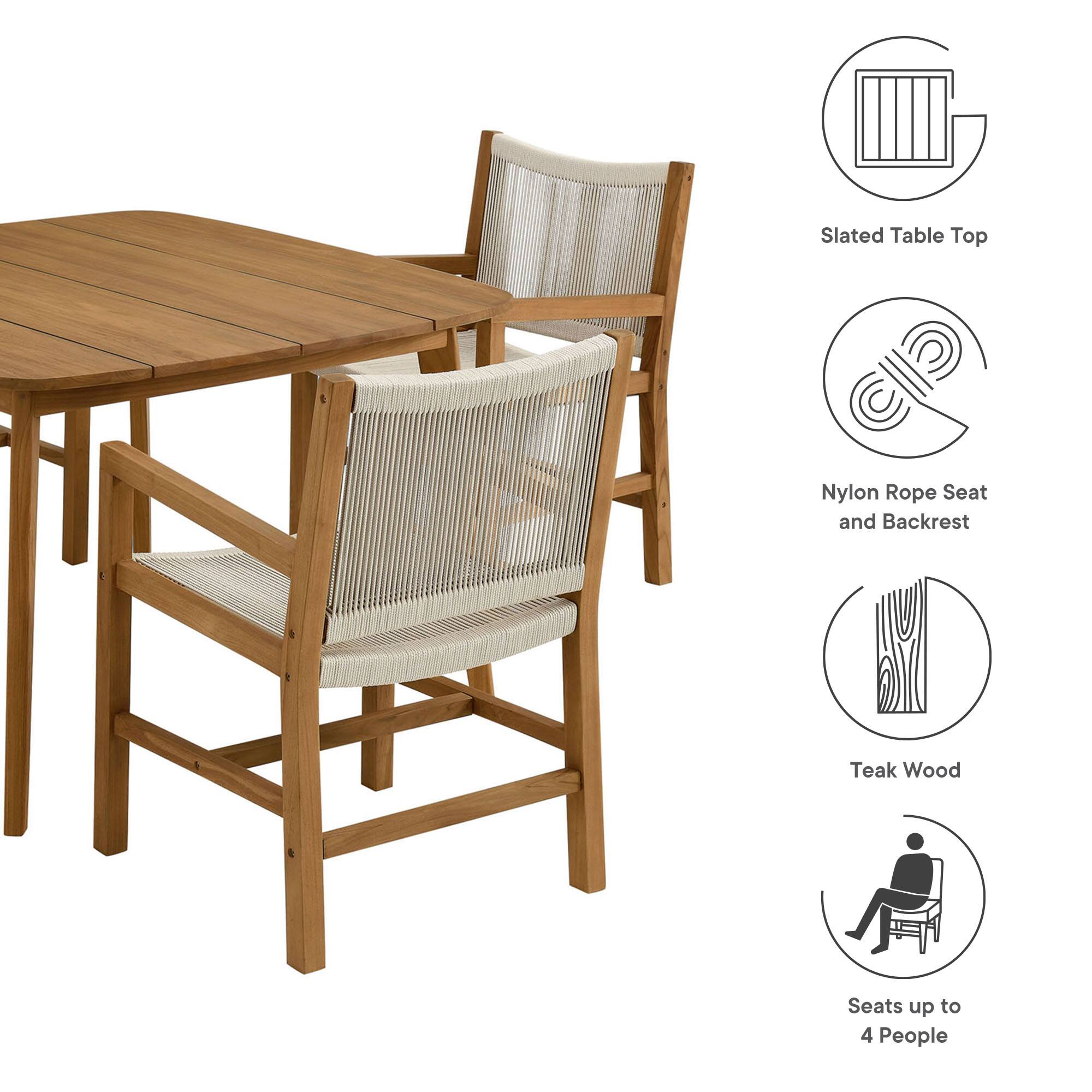 - Slated Table Top
- Nylon Rope Seat and Backrest
- Teak Wood
- Seats up to 4 People