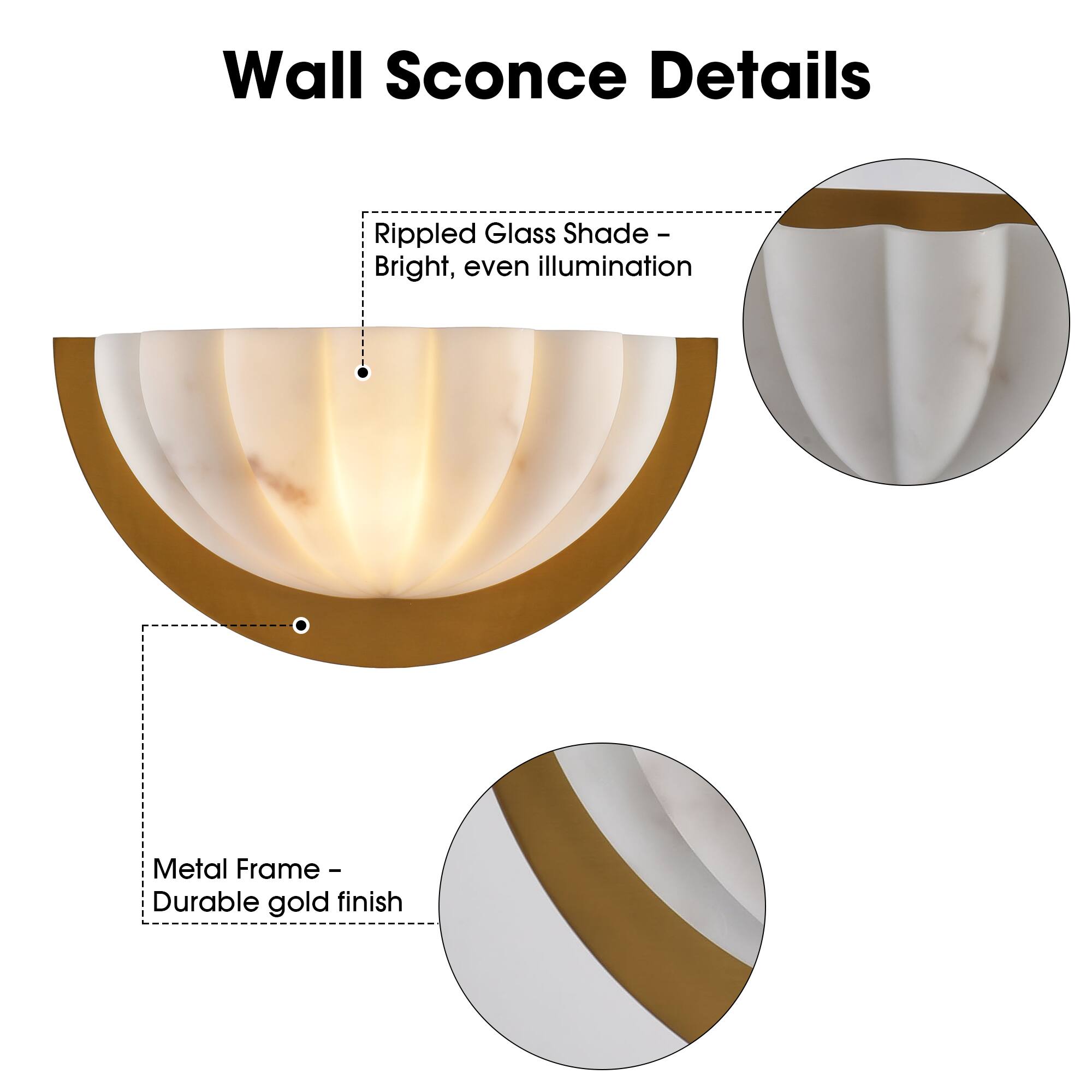 Wall Sconce Details

- Rippled Glass Shade - Bright, even illumination
- Metal Frame - Durable gold finish