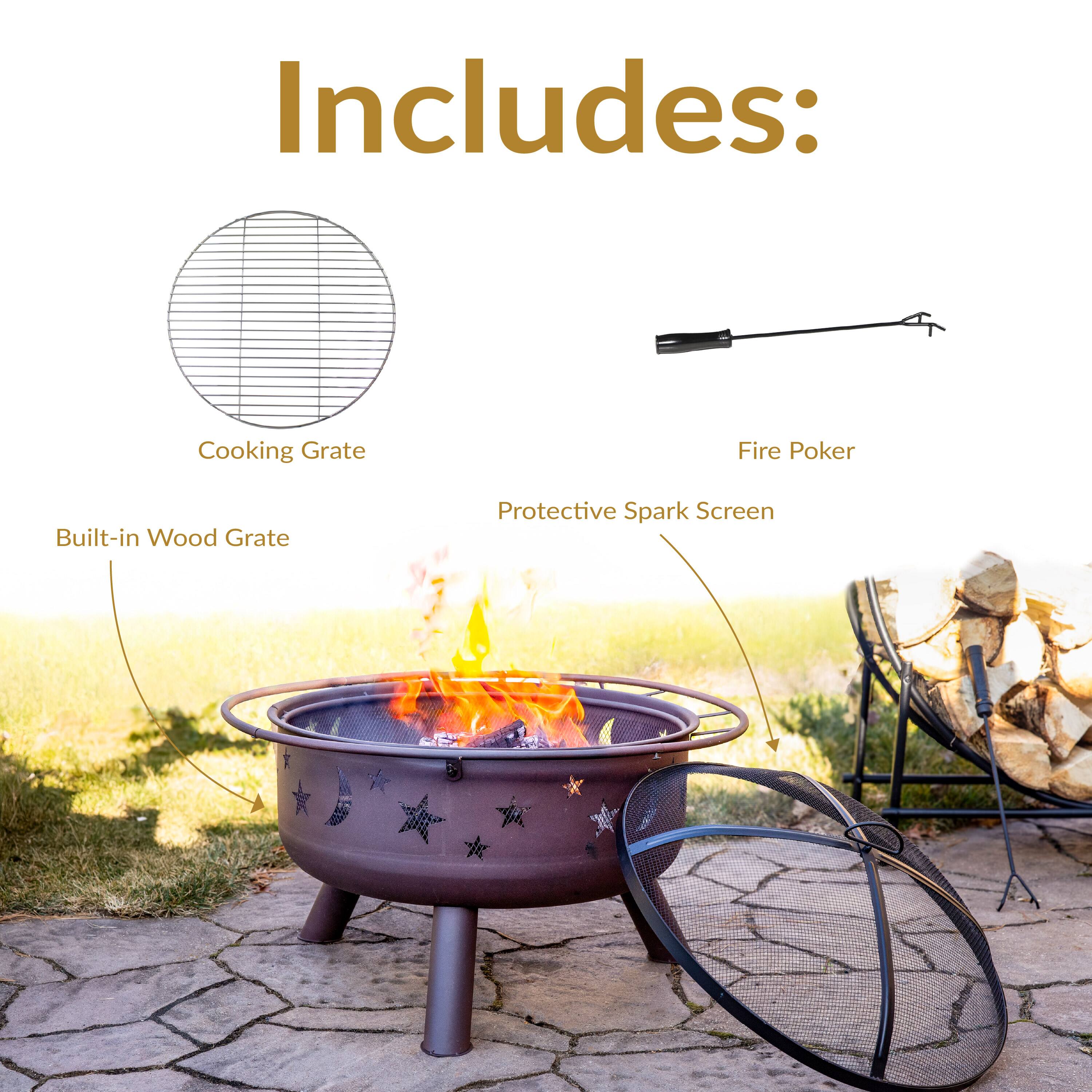 Includes:
- Cooking Grate
- Built-in Wood Grate
- Fire Poker
- Protective Spark Screen