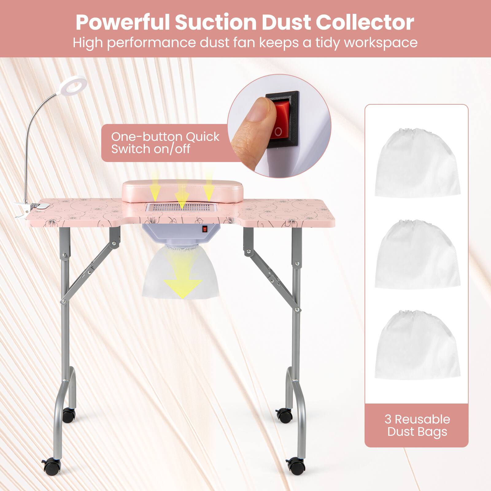 Powerful Suction Dust Collector  
High performance dust fan keeps a tidy workspace  
One-button Quick Switch on/off  
3 Reusable Dust Bags