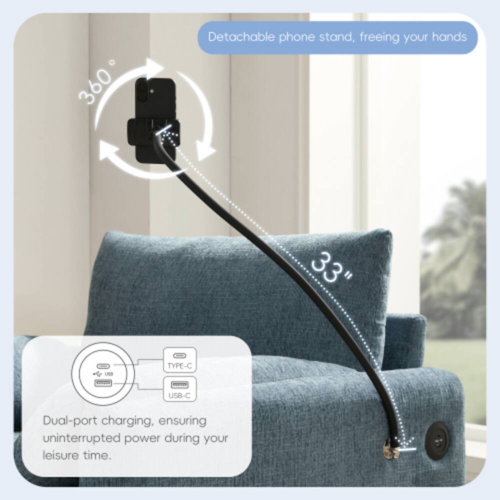 360° Detachable phone stand, freeing your hands

33" USB TYPE-C USB-C Dual-port charging, ensuring uninterrupted power during your leisure time.