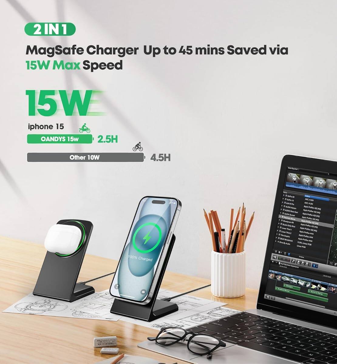 2 IN 1  
MagSafe Charger Up to 45 mins Saved via 15W Max Speed  

15W  
iphone 15  
OANDYS 15w 2.5H  
Other 10W 4.5H  

100% Charged