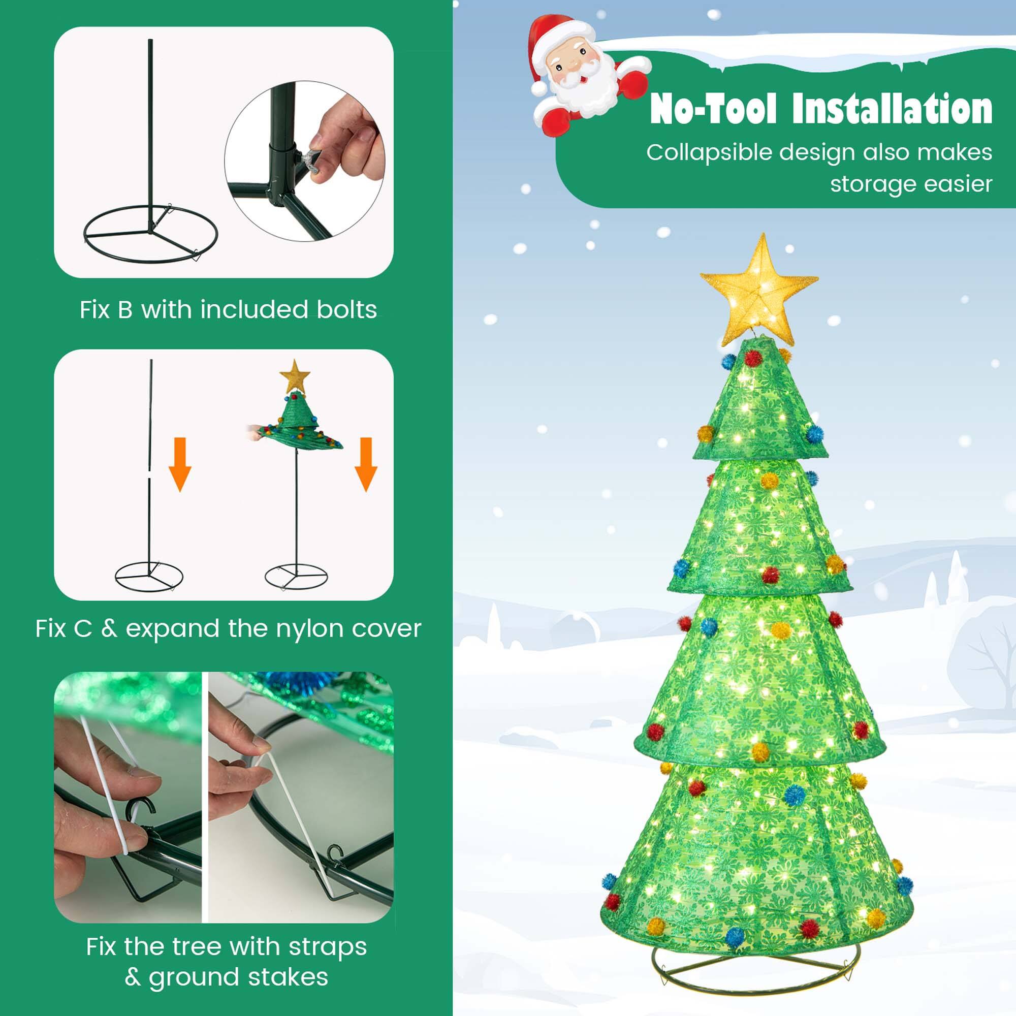 No-Tool Installation: Collapsible design also makes storage easier. Fix C & expand the nylon cover. Fix the tree with straps & ground stakes.