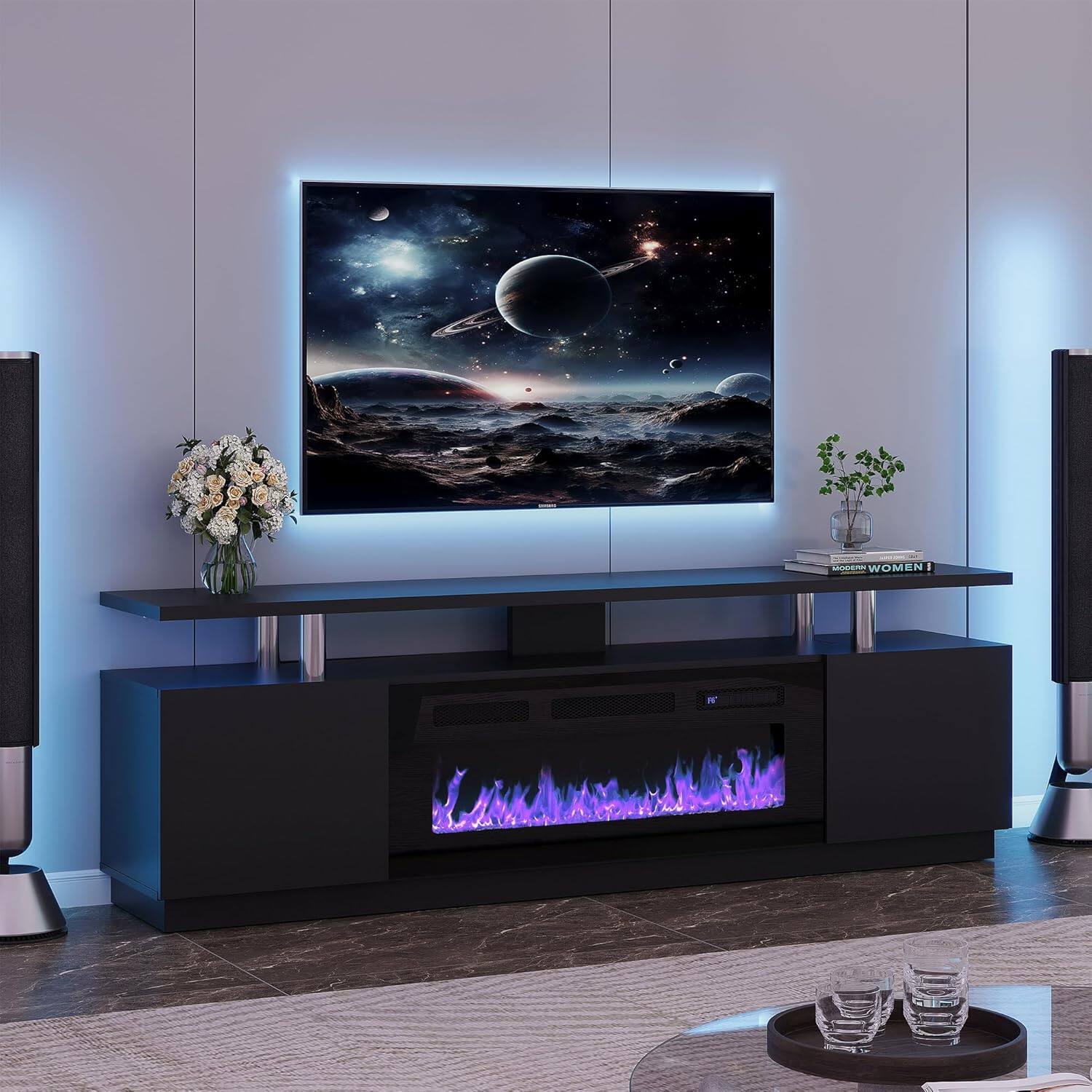 Alt View 4. Acekool - Fireplace TV Stand for 80 Inch TV, 70” Entertainment Center with 36” Electric Fireplace, 12 Flame Colors - Black.