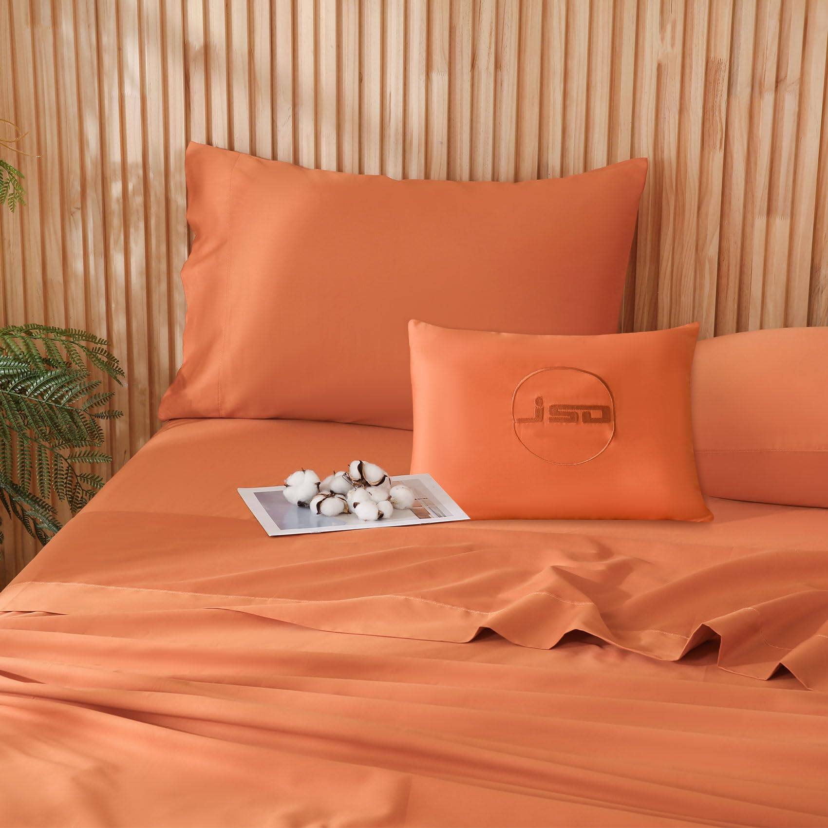 Front. Dapper Styles - Cotton Sheet Set Queen Burnt Sateen Sheets 300 Thread Count Soft Breathable Deep Pocket - Burnt Orange-King.