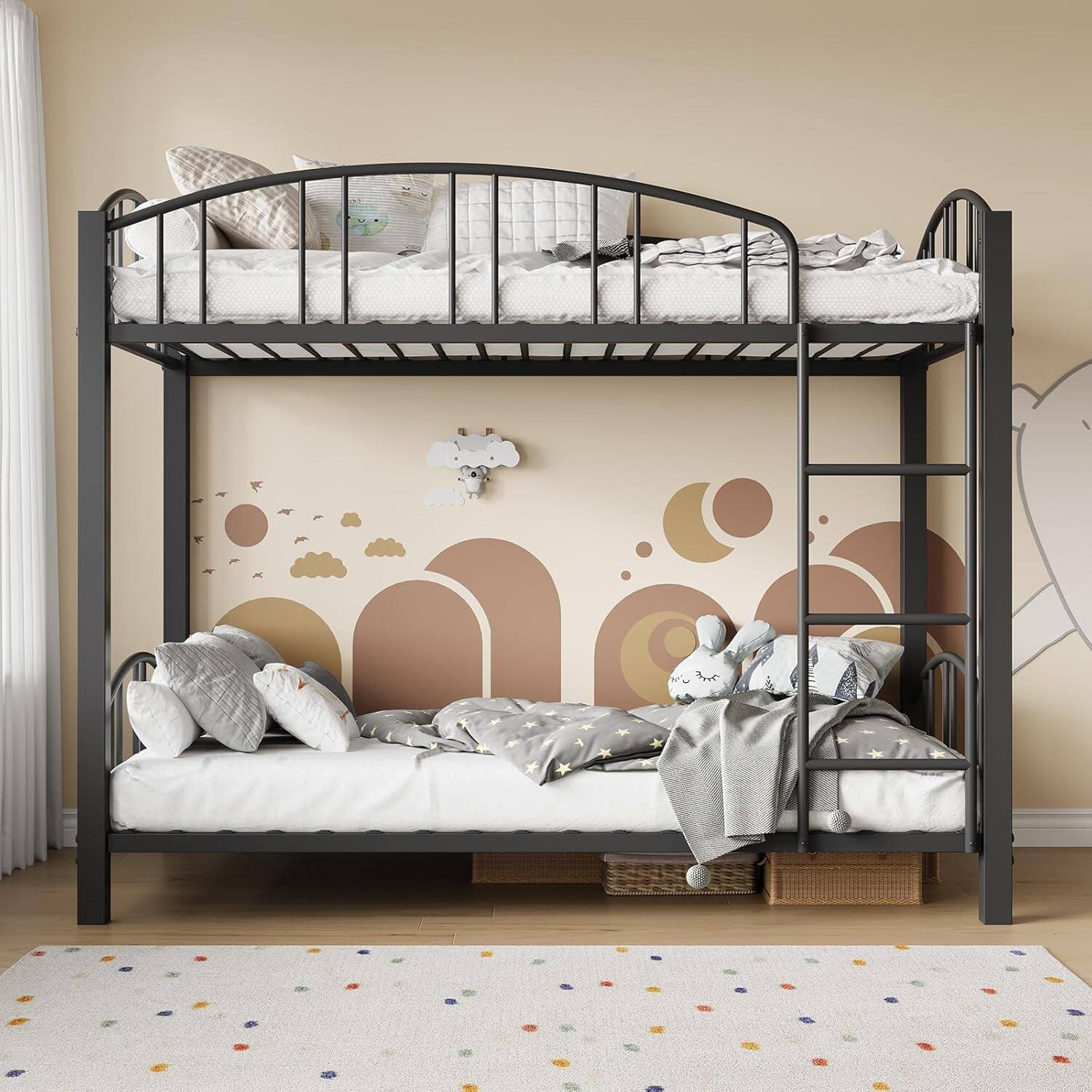 Front. GARVEE - Metal Bunk Bed Twin Over Twin Black Heavy Duty Frame Safety Ladder Guardrail - Black Twin.