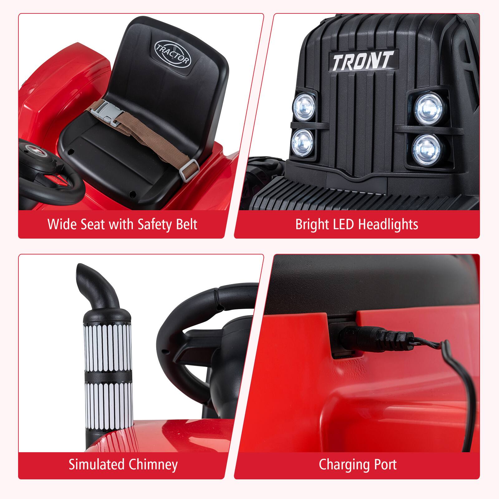 1. Wide Seat with Safety Belt
2. Bright LED Headlights
3. Simulated Chimney
4. Charging Port