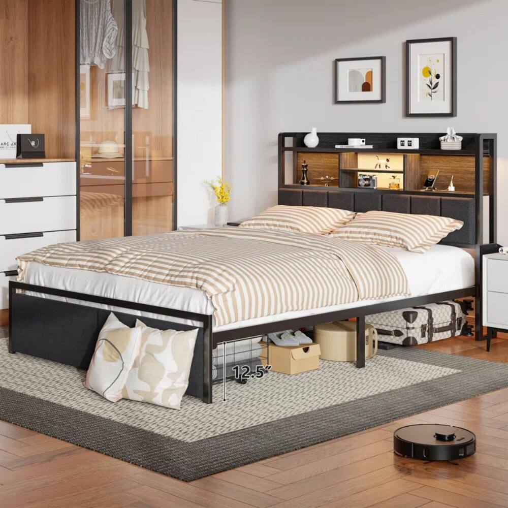 Left. Furnulem - Upholstered Bed Frame with 2 Storage Drawers Modern Platform Bed with Charging Station & LED Light - Black.