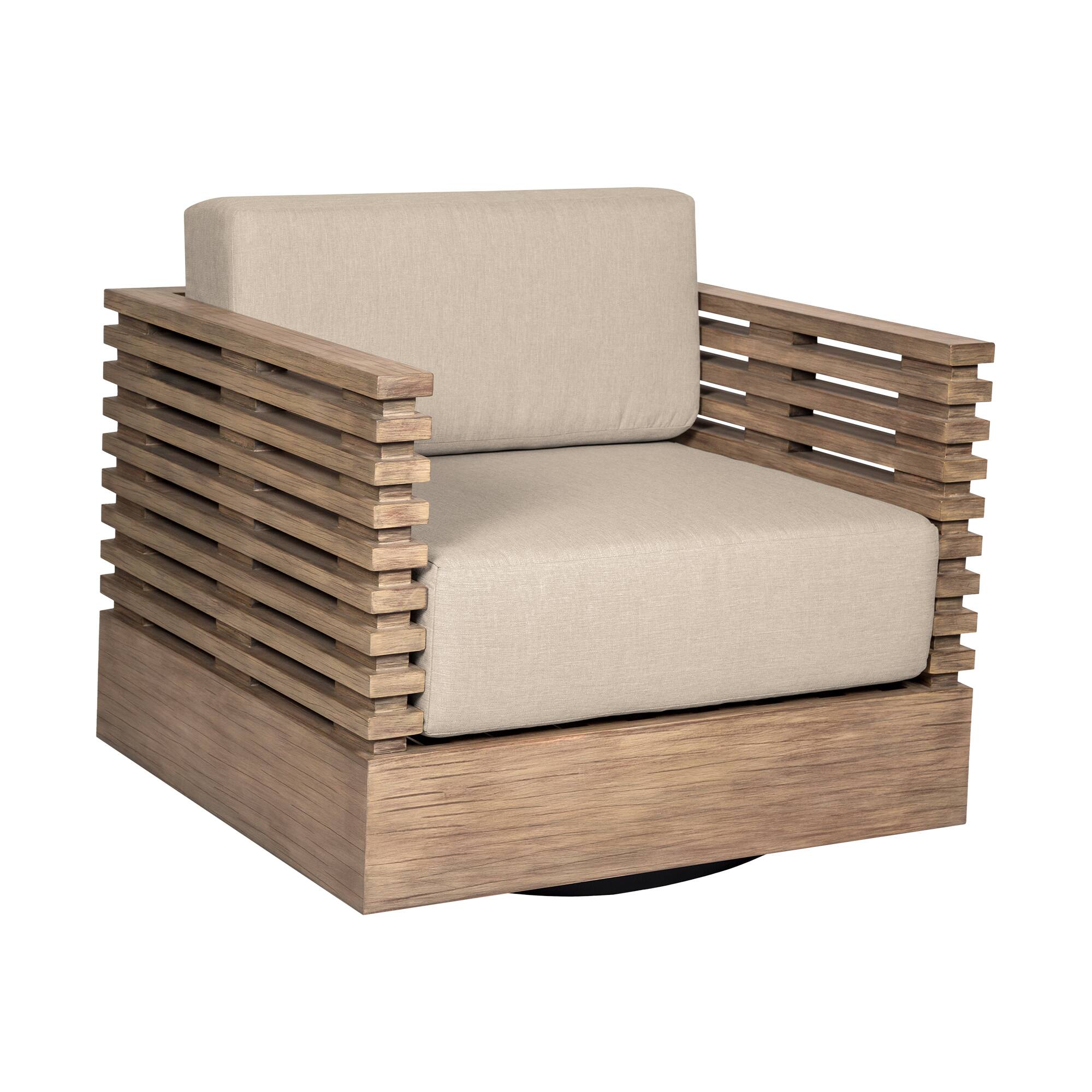 Front. Armen Living - Vivid Swivel Outdoor Patio Chair in Light Eucalyptus Wood with Taupe Olefin Cushions - Taupe.
