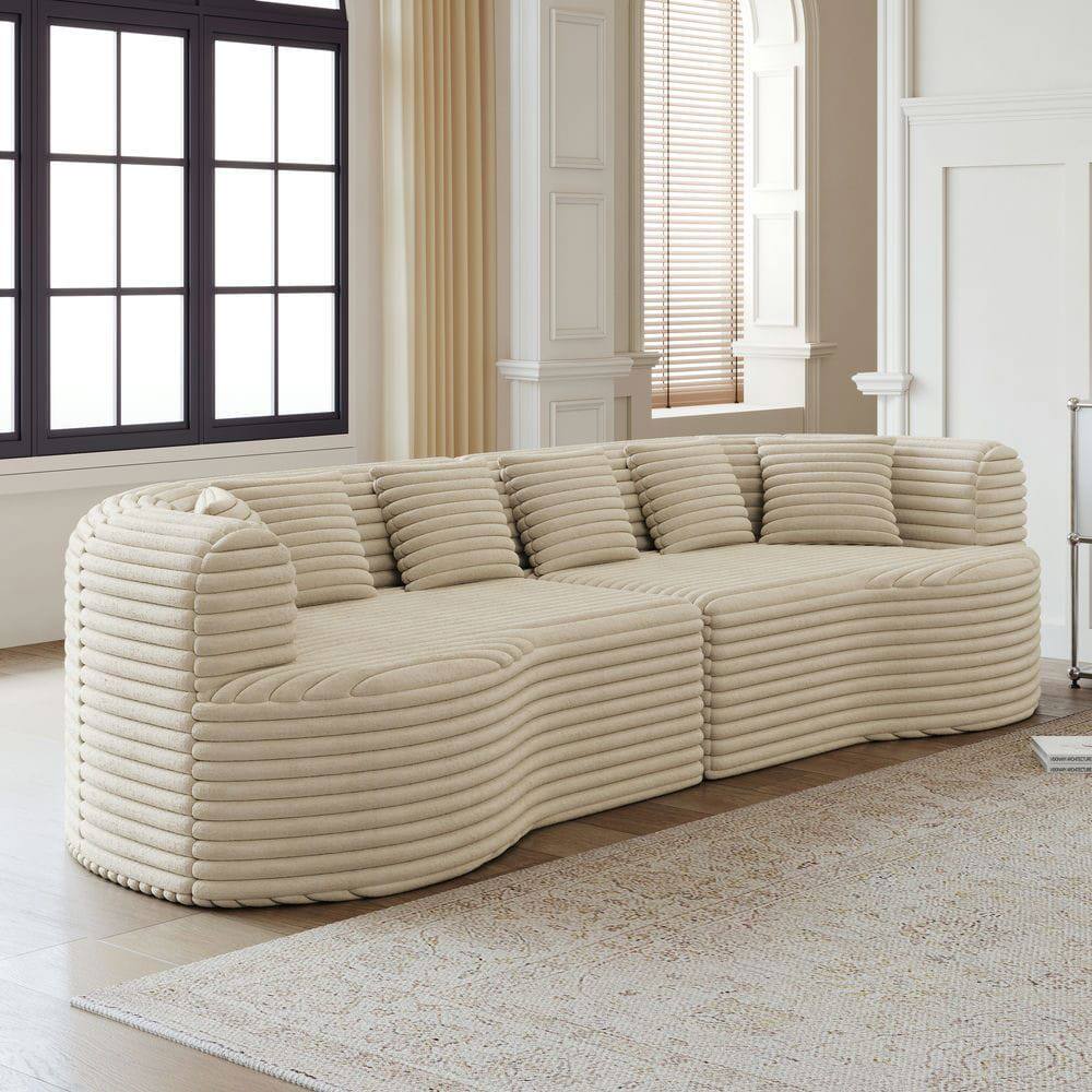 Alt View 10. Kadyn - 106.3" Curved Sectional Sofa, 4-Seater Corduroy Cloud Couch with 6 Pillows and Memory Foam - Beige.