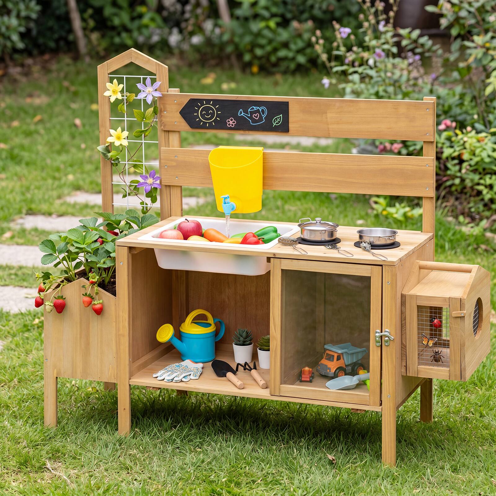Alt View 4. Costway - Costway Mud Kitchen for Kids, Pretend Play Kitchen with Detachable Bird Cage,Trellis - Natural.