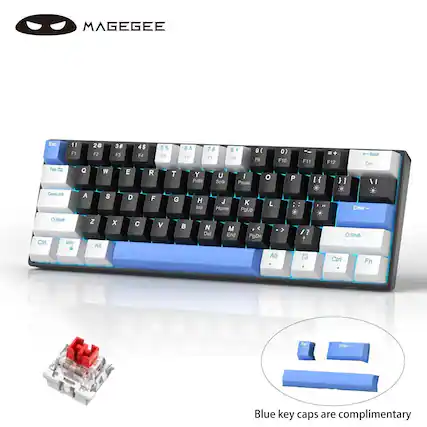 MAGEGEE Esc Tab 11 F1 Q 2G F2 W 38 F3 E 4$ F4 R 5 5% r5 T 6 78 7 F6 F7 Y U PrSe Solk 8 9( r8 F9 I O Pause 0) F10 P F11 [{ I F12 } J Back Del \ CapeLock A S D F G H Ins J Home K PgUp L " Enter Ctr Shitt Win Z Alt x V N Dai M End < PgDn > Alt / 7 Ctrl Shift Fn A i d Eae Enter Blue key caps are complimentary
