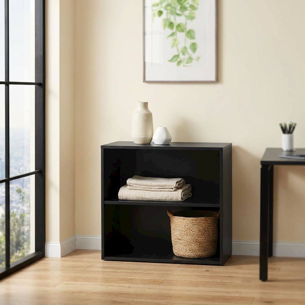 Alt View 1. FurniFact - Black 2-Shelf Bookcase with Metal Frame and Laminate Shelves - Black.