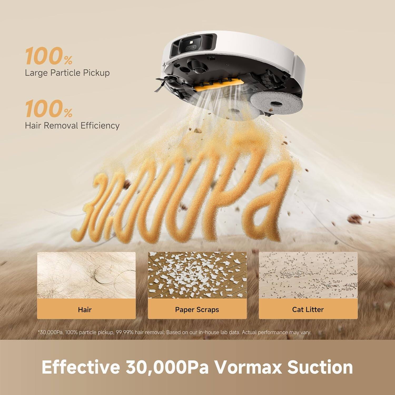 100% Large Particle Pickup  
100% Hair Removal Efficiency  

Hair, Paper Scraps, Cat Litter  

30,000Pa  

100% particle pickup, 99.99% hair removal: Based on our in-house lab data, Actual performance may vary.  

Effective 30,000Pa Vormax Suction